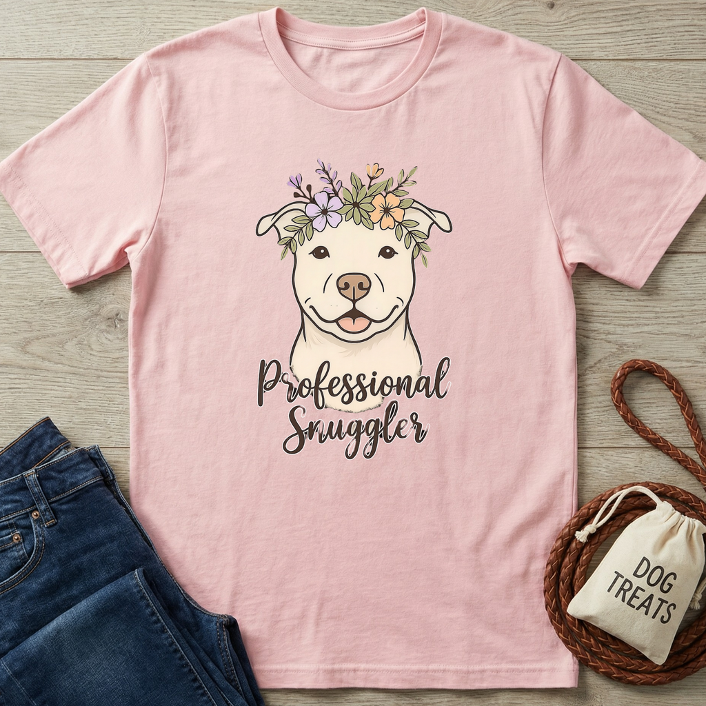 Pink cotton t-shirt with a smiling pitbull wearing a floral crown and "Professional Snuggler" text.