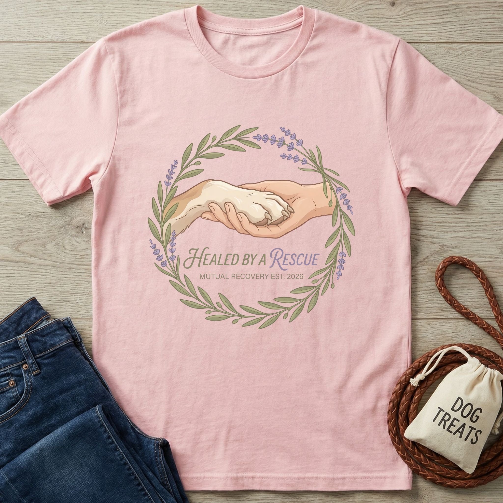 Pink Gildan Softstyle® t-shirt with "Healed By A Rescue" graphic, featuring a human hand holding a dog's paw within a floral wreath.