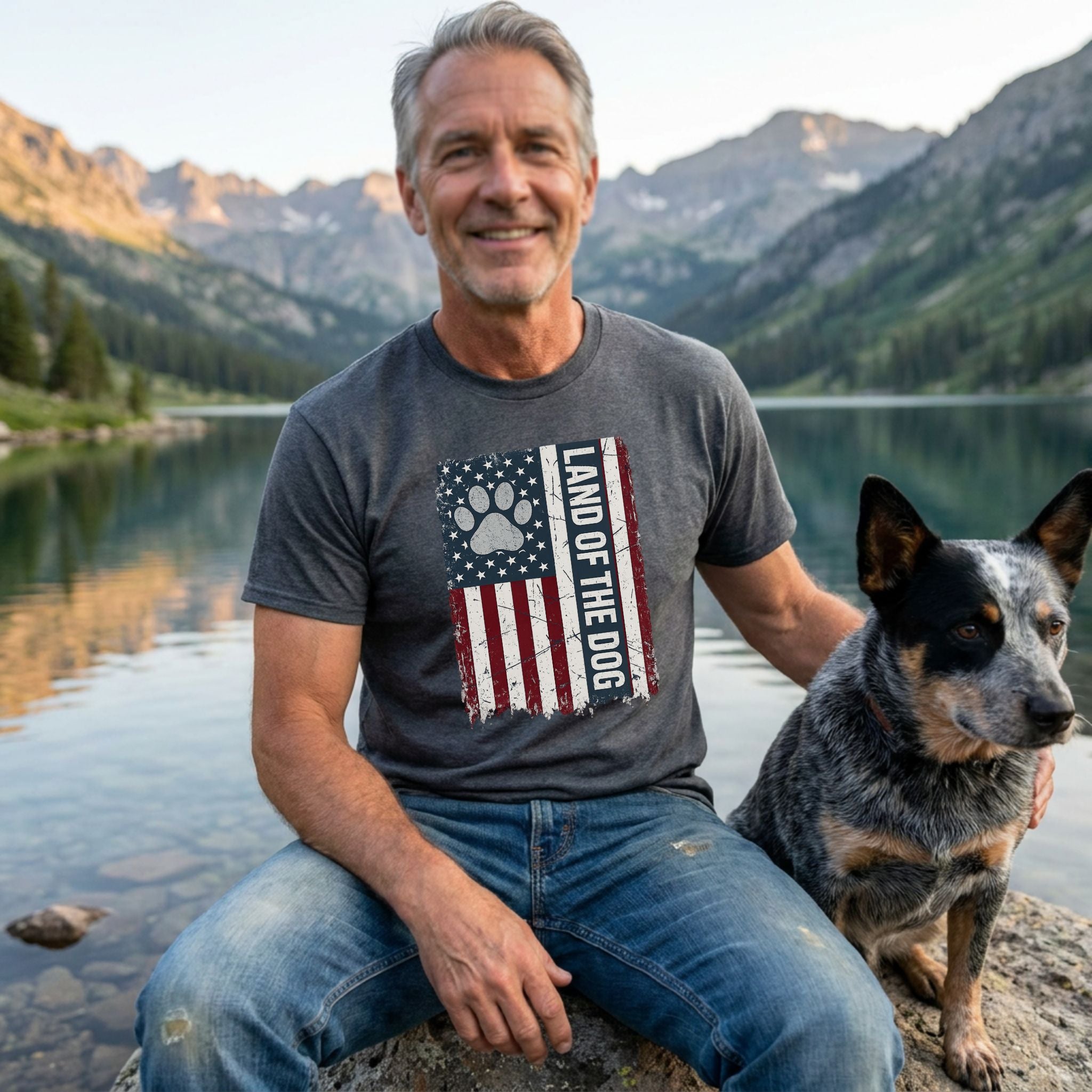 Man wearing a charcoal grey Land of the Dog t-shirt featuring a distressed American flag and paw print design by a lake.