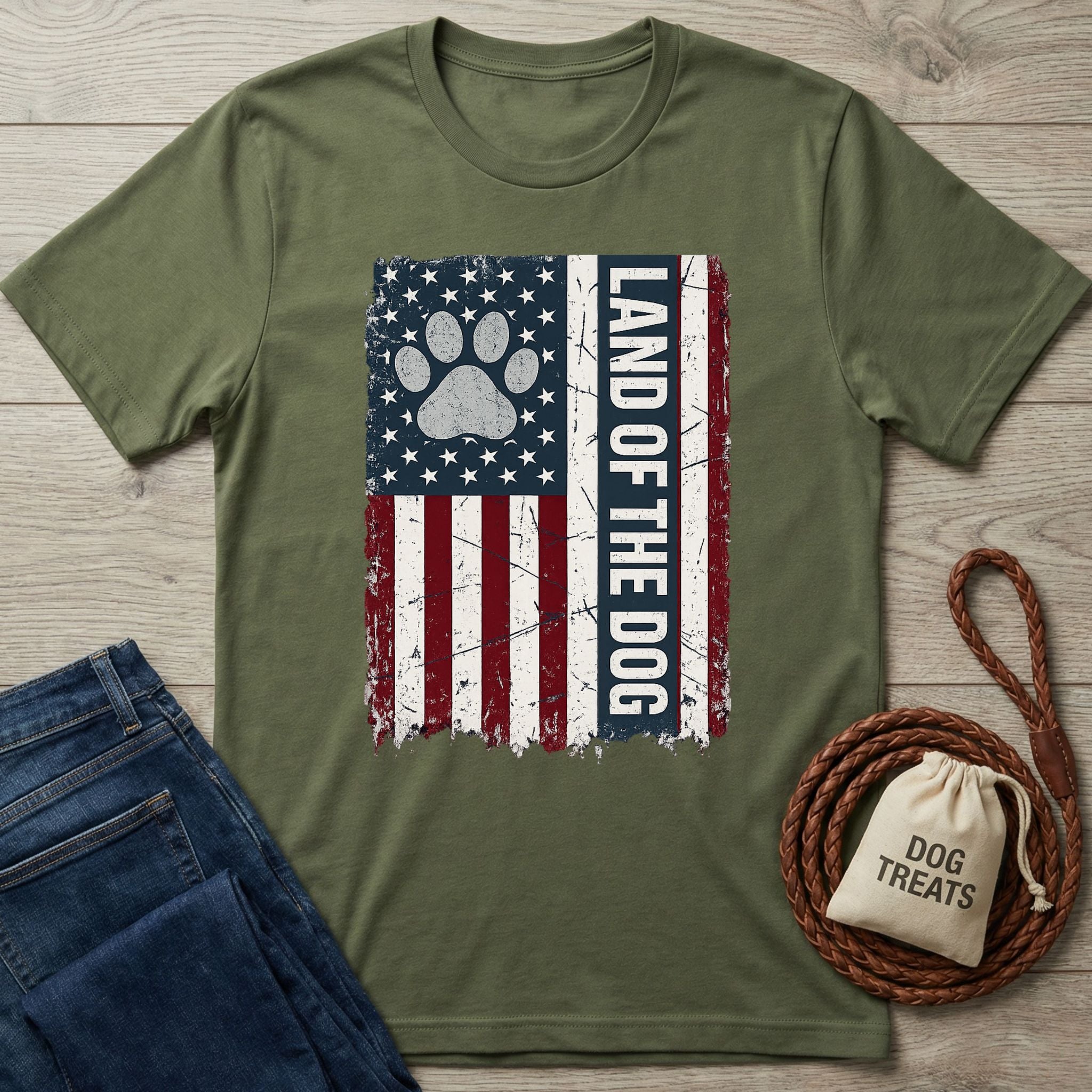 Olive green crewneck t-shirt featuring a distressed American flag design with a paw print and Land of the Dog text.