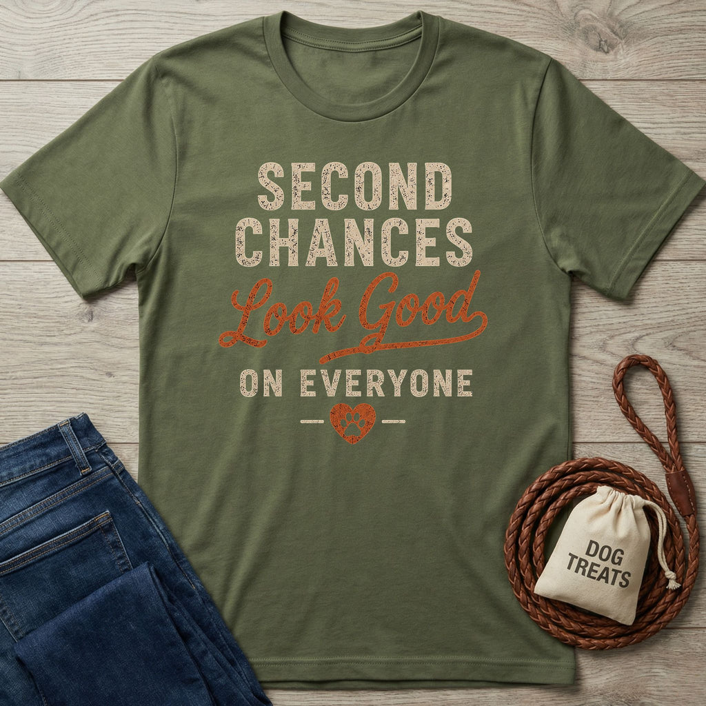 Olive green crewneck t-shirt featuring Second Chances Look Good on Everyone text and a paw print heart design.
