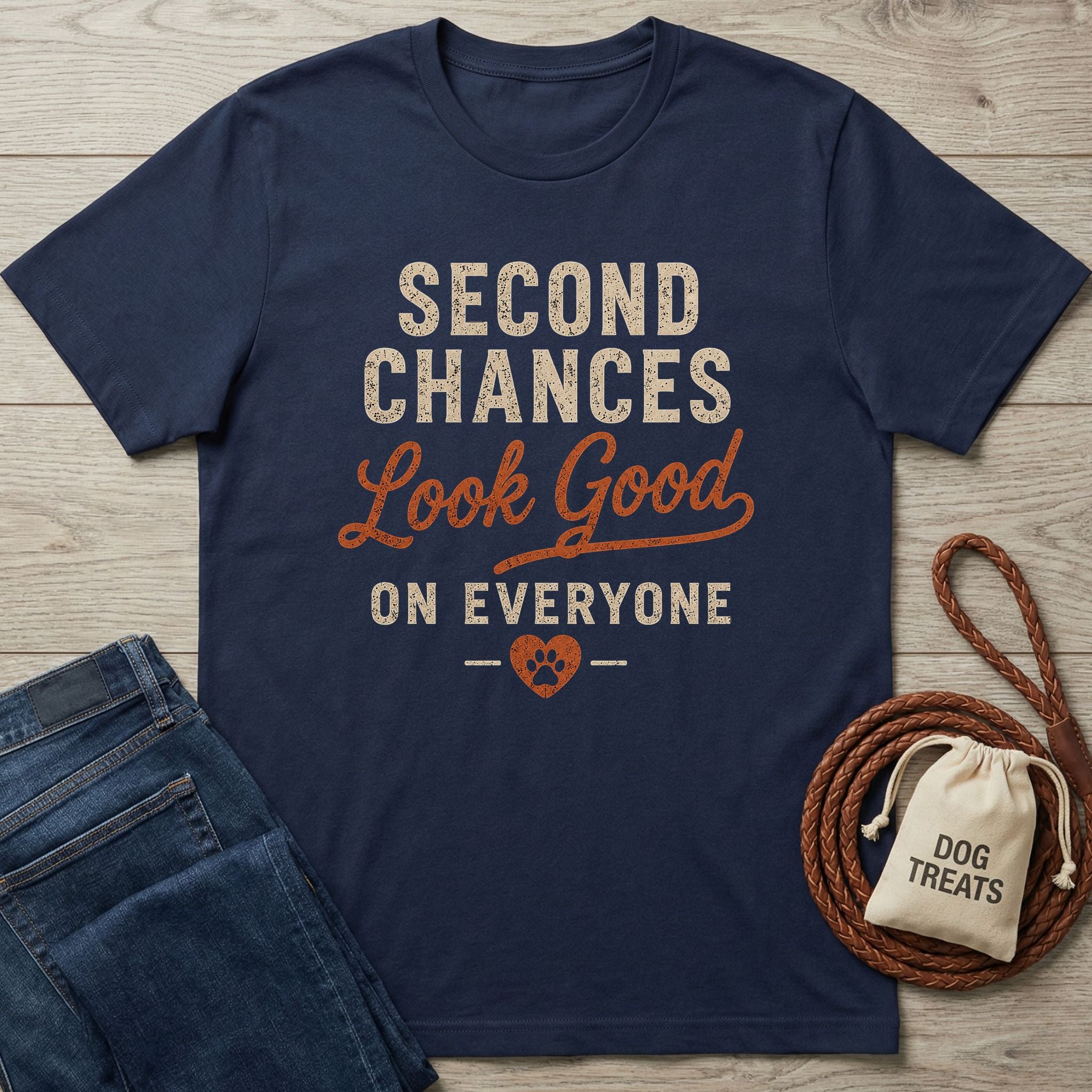 Navy blue crewneck t-shirt featuring Second Chances Look Good on Everyone text and a paw print heart design.