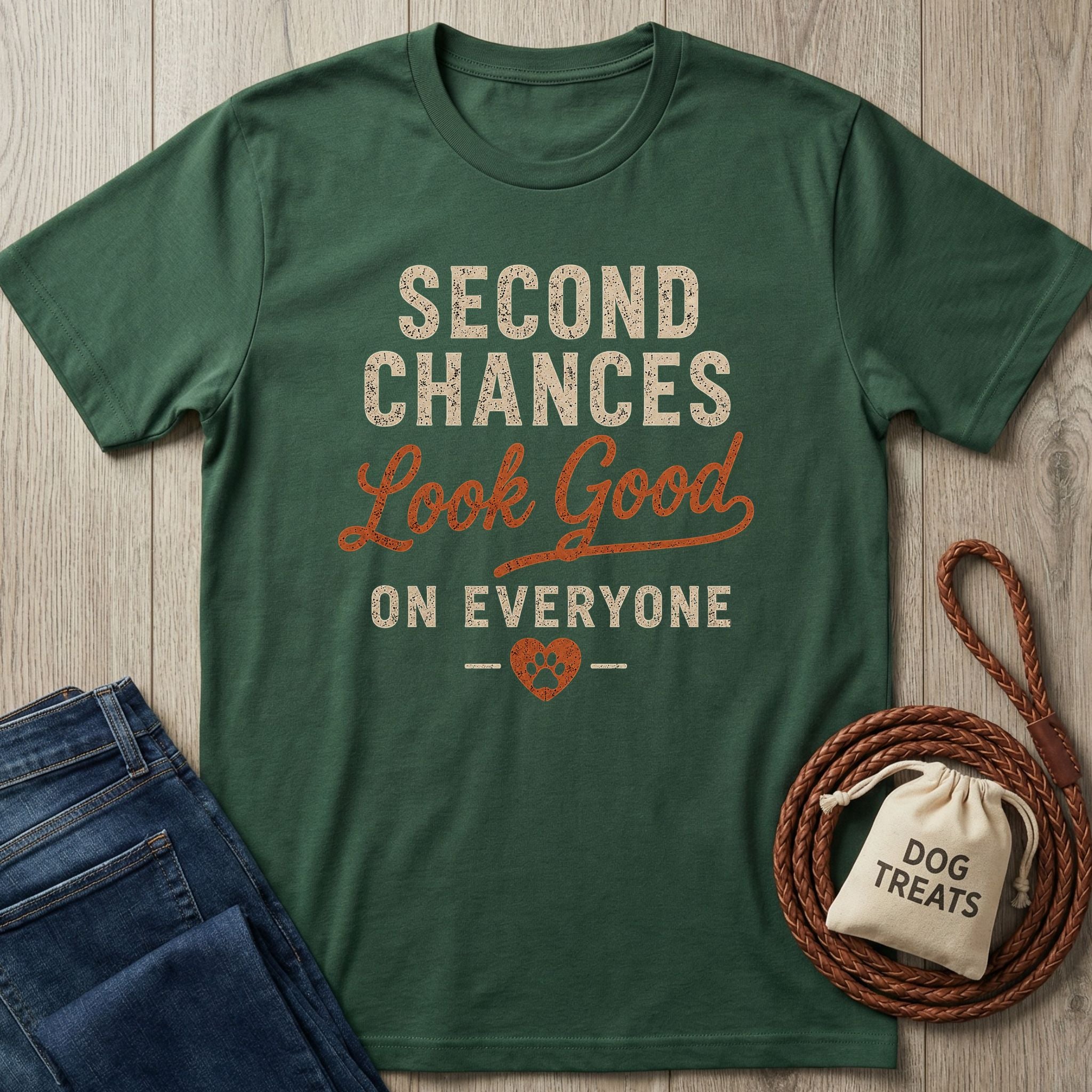Forest green cotton t-shirt featuring the text Second Chances Look Good On Everyone with a paw print heart design.