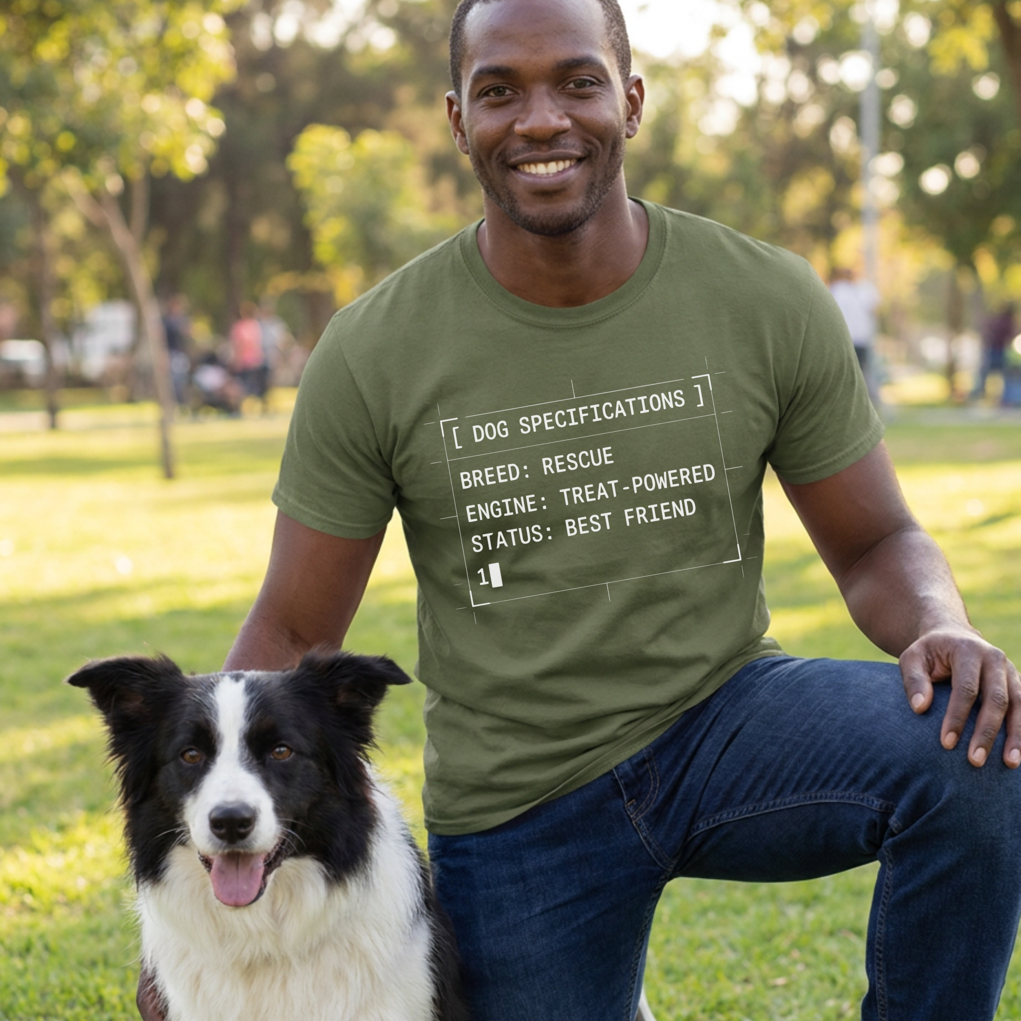 Man in olive green "Dog Specifications" tee with a black and white Border Collie.