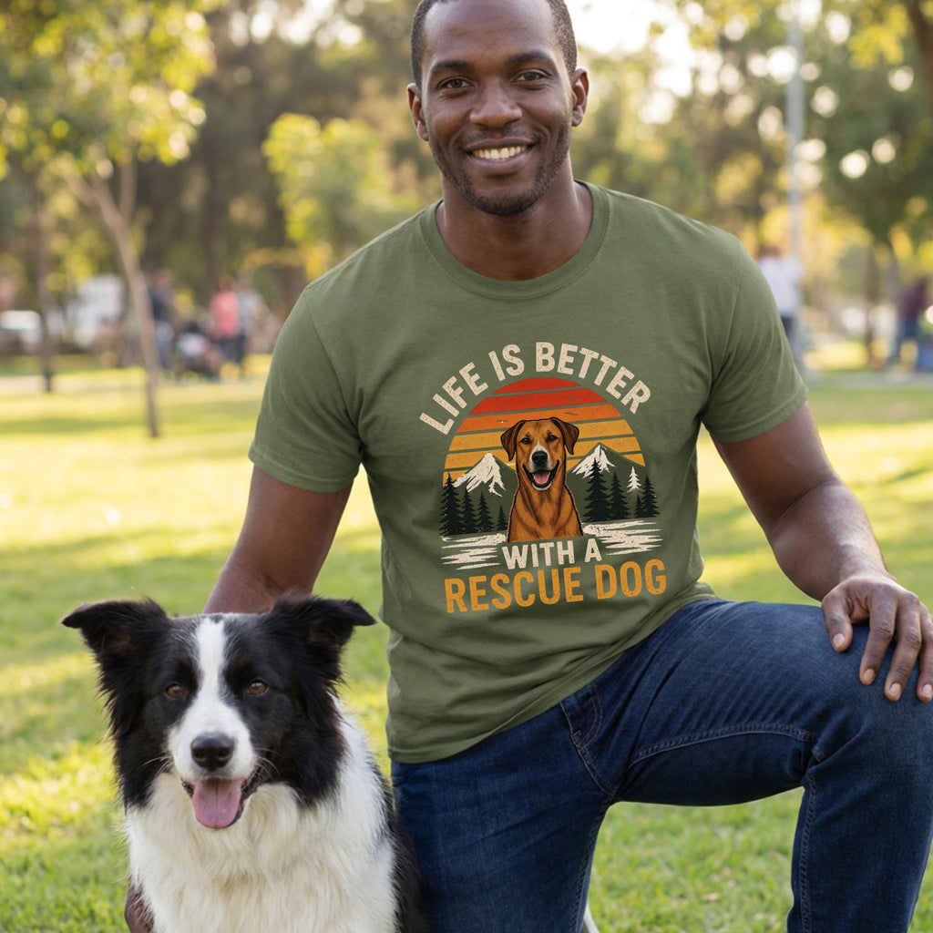 Man in olive green "Life Is Better With A Rescue Dog" tee with a Border Collie.