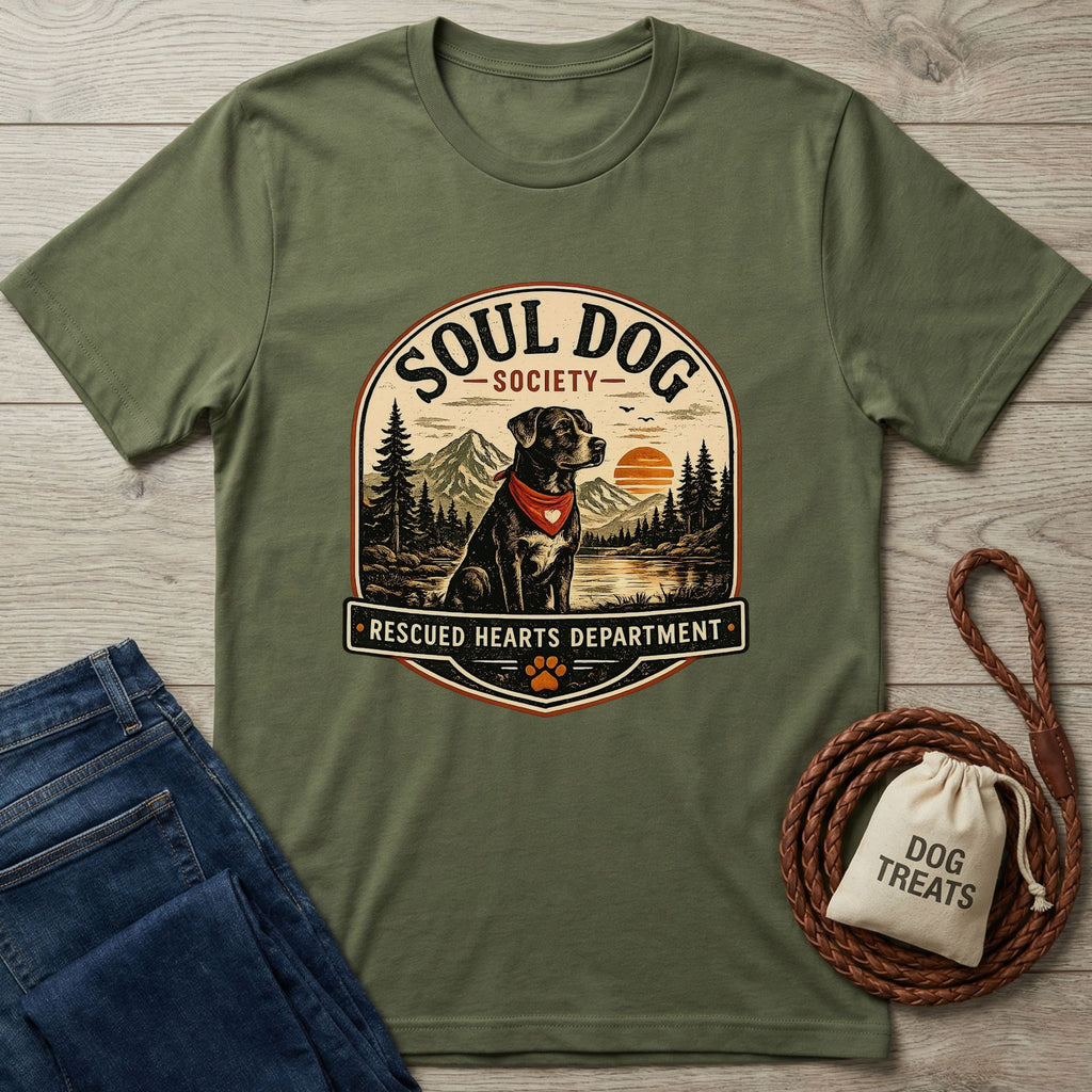 Olive green "Soul Dog Society: Rescued Hearts Department" t-shirt featuring a black dog in a red bandana.