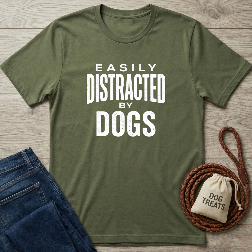 Olive green "Easily Distracted By Dogs" t-shirt with white text, folded jeans, and a dog treat bag.