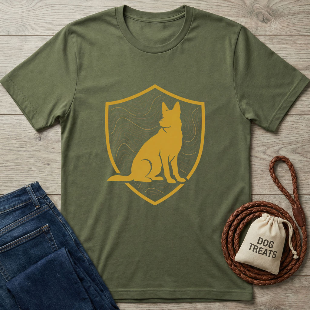 Olive green cotton t-shirt with a gold shield emblem featuring a sitting canine silhouette.