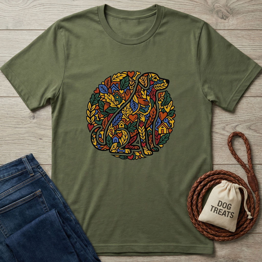 Green t-shirt with colorful tiger design on a wooden surface with jeans and a dog treat bag.