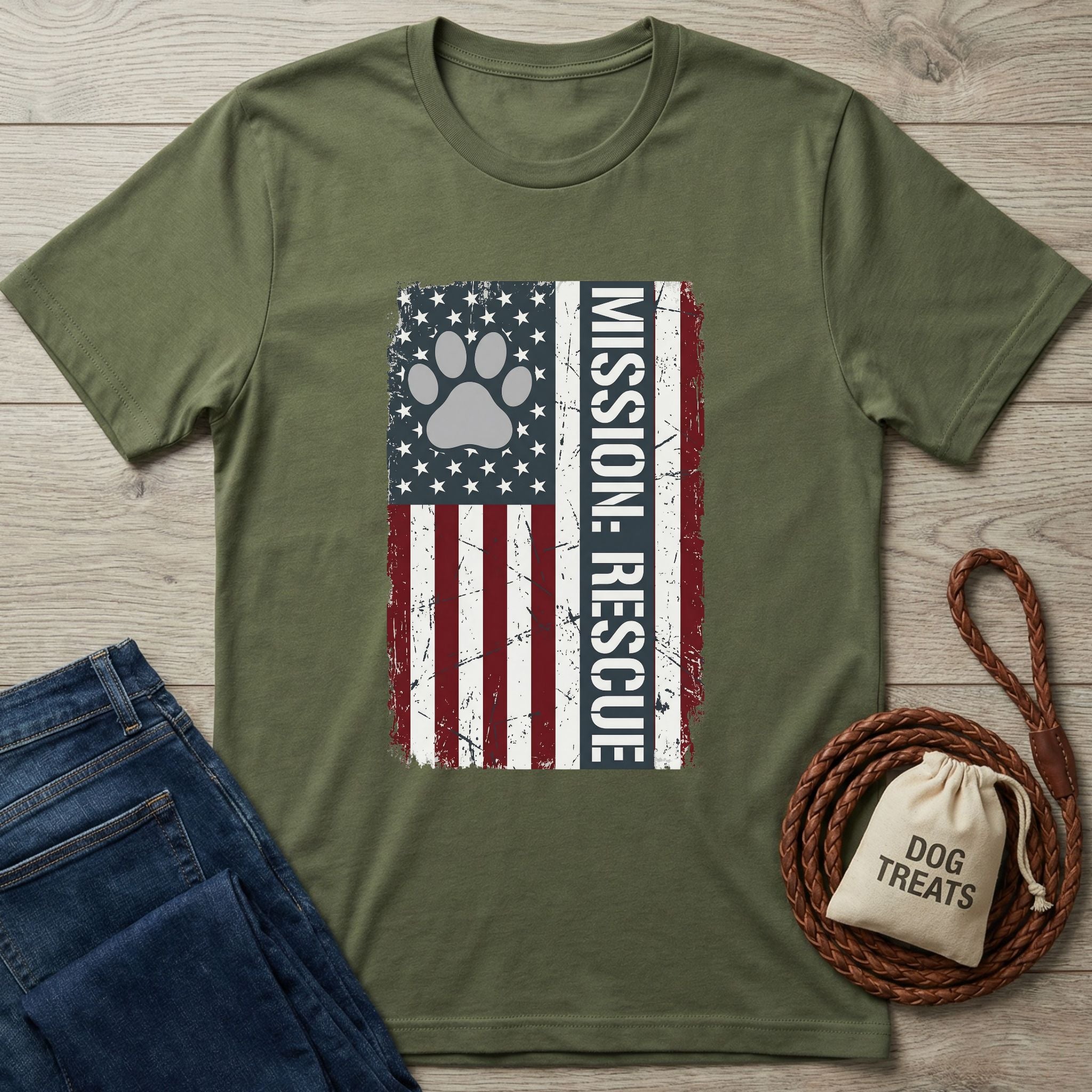 Olive green Gildan Softstyle® t-shirt with a distressed American flag and "MISSION: RESCUE" text.