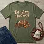Olive green "Fall Days & Dog Ways" t-shirt with a vintage truck, yellow lab, and pumpkins.