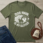 Olive green Gildan Softstyle t-shirt with "Dog Hair is My Glitter" graphic and a fluffy dog.