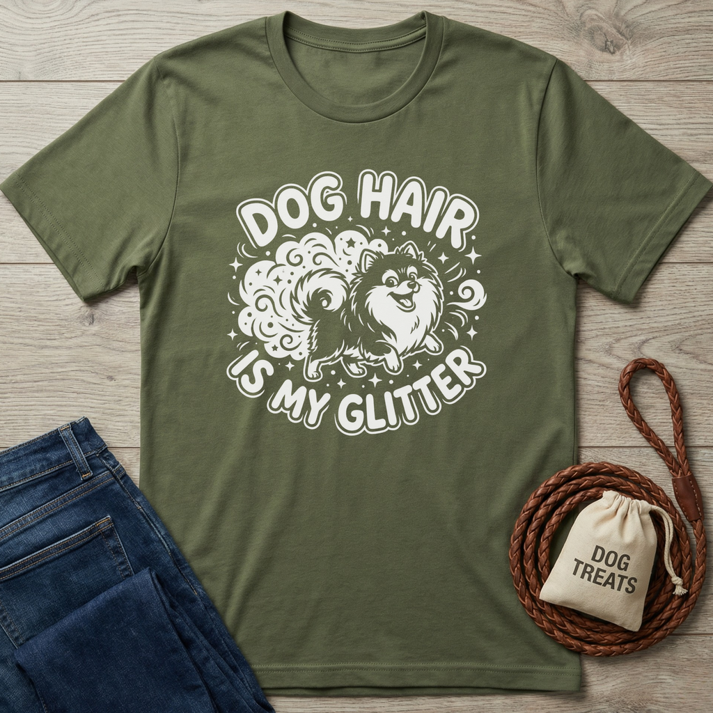 Olive green cotton t-shirt with "Dog Hair Is My Glitter" text and a fluffy dog graphic.