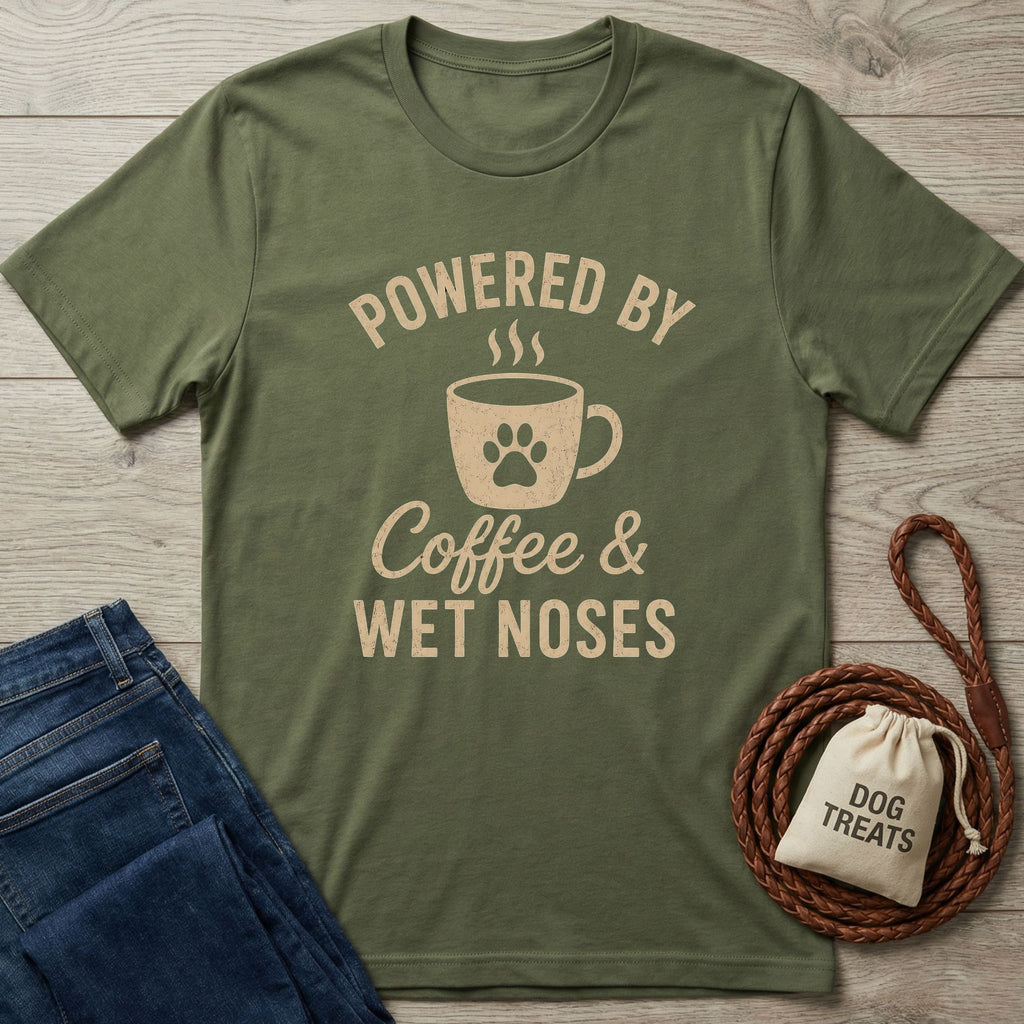 Olive green t-shirt with "Powered By Coffee & Wet Noses" design, coffee mug with paw print.