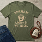 Olive green t-shirt with "Powered By Coffee & Wet Noses" design, coffee mug with paw print.