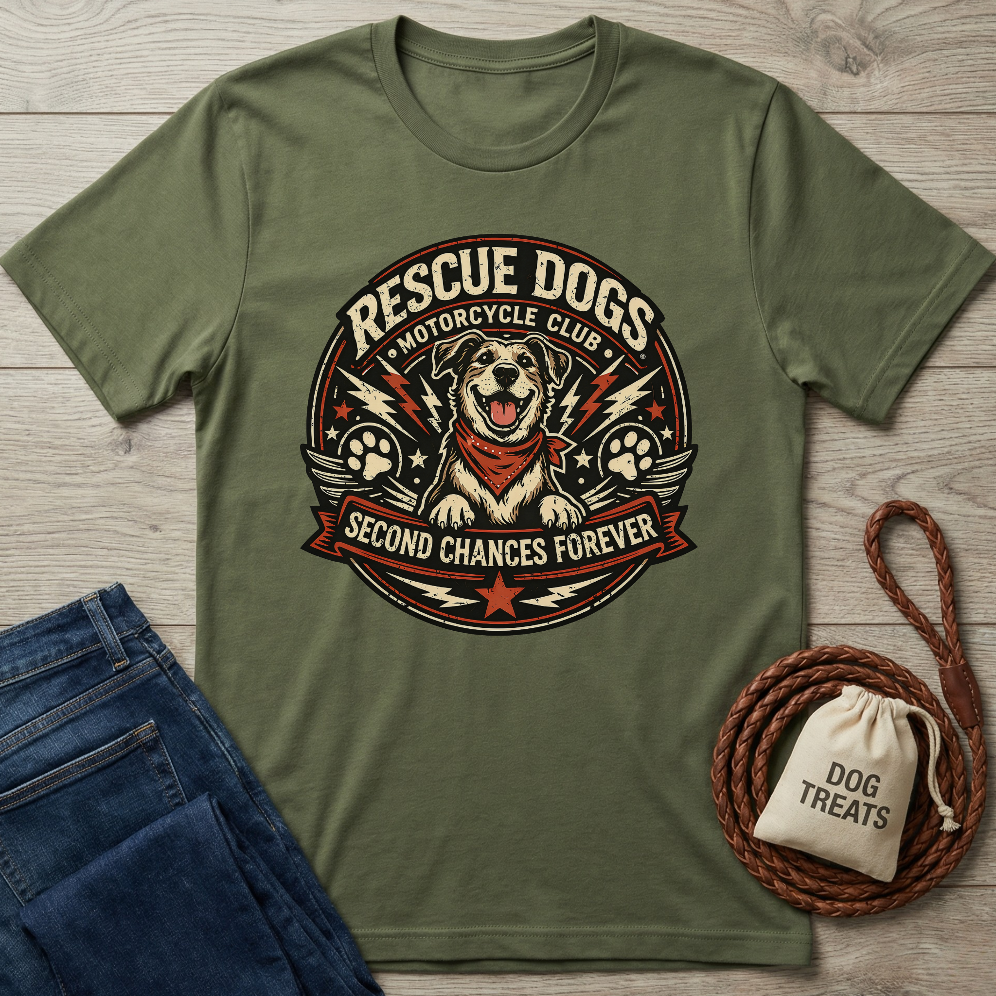 Olive green t-shirt with a "Rescue Dogs Motorcycle Club" graphic featuring a happy dog in a bandana.