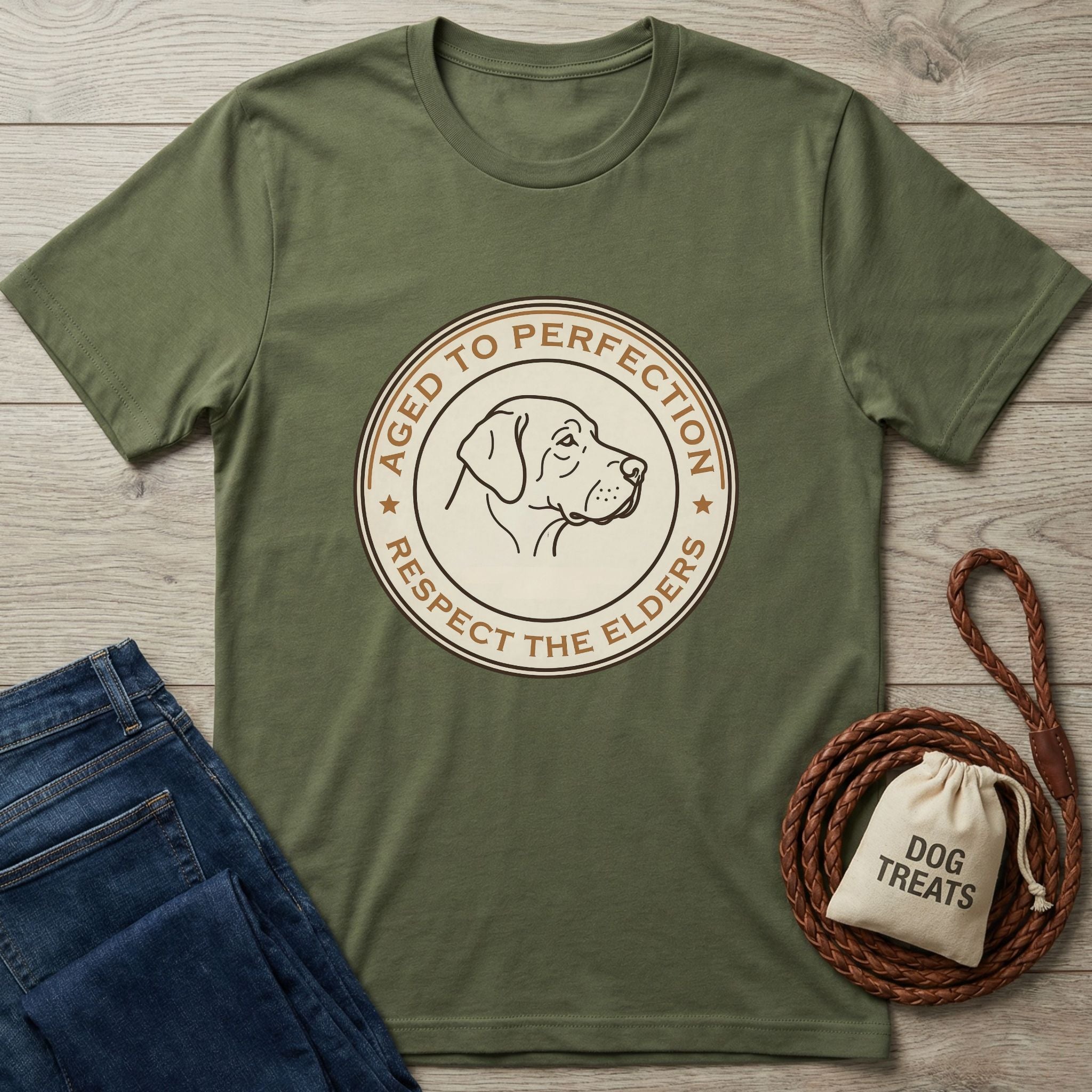 Olive green Gildan Softstyle t-shirt with "Aged To Perfection, Respect The Elders" dog graphic.