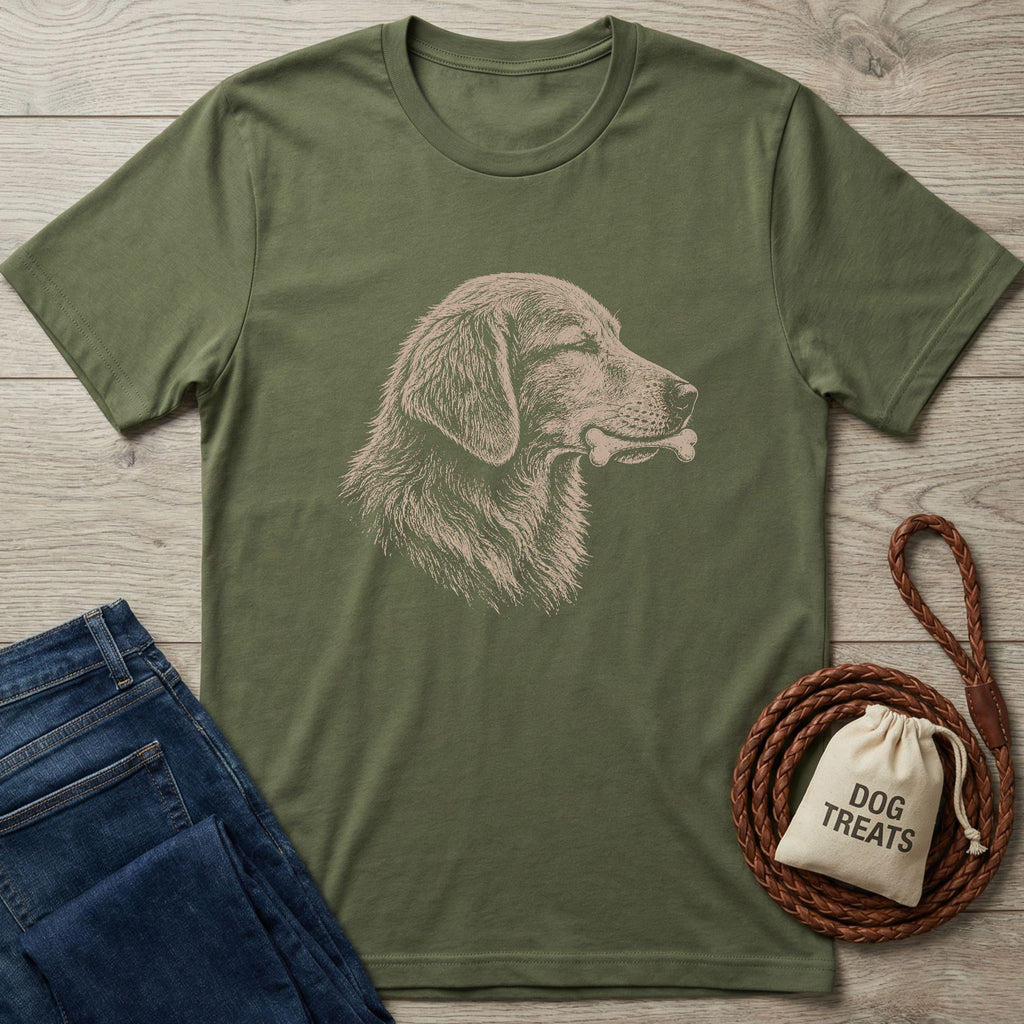 Olive green t-shirt with a sketch-style portrait of a happy dog holding a bone.