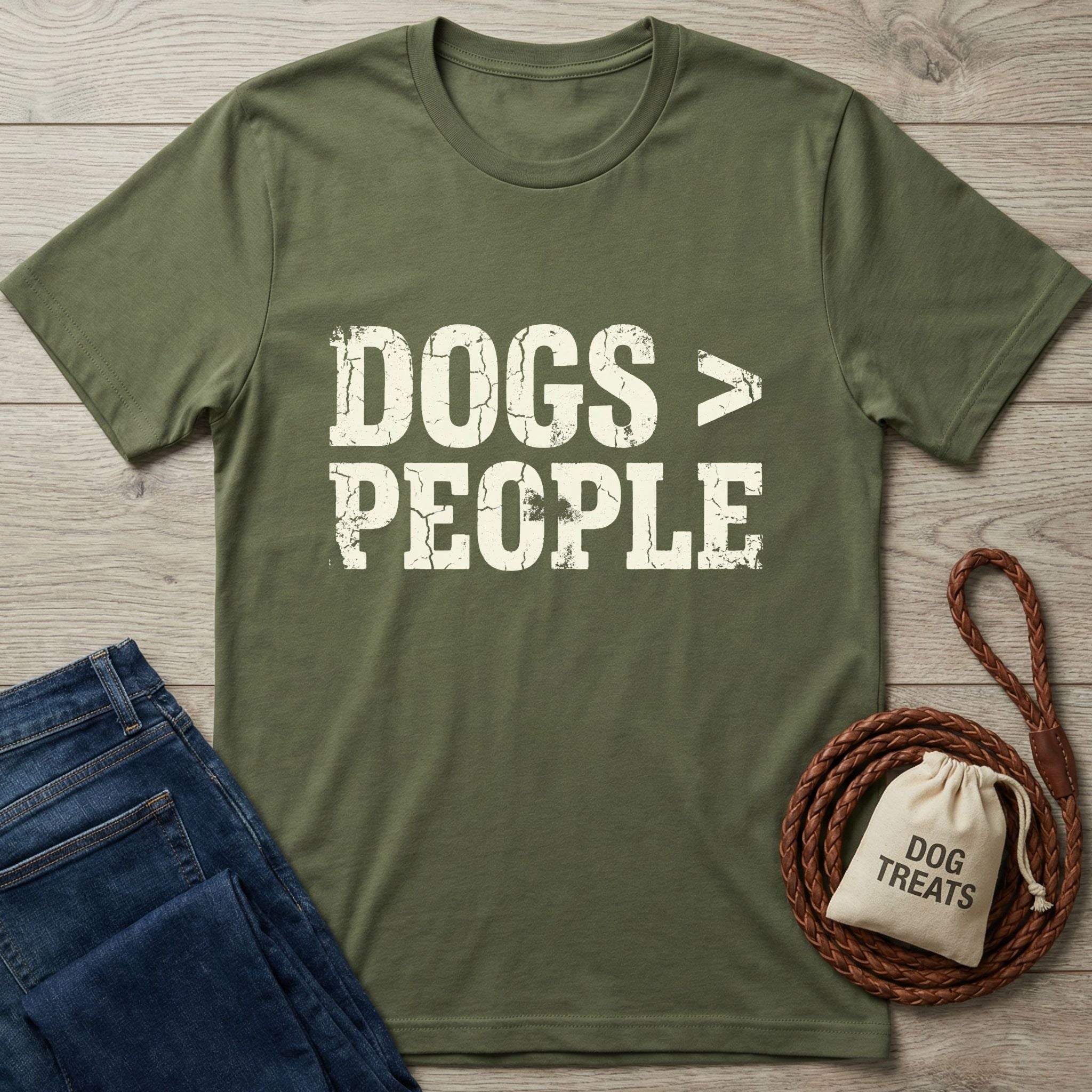 Olive green Gildan Softstyle® 64000 tee with "DOGS > PEOPLE" distressed white text, beside jeans and dog treats.