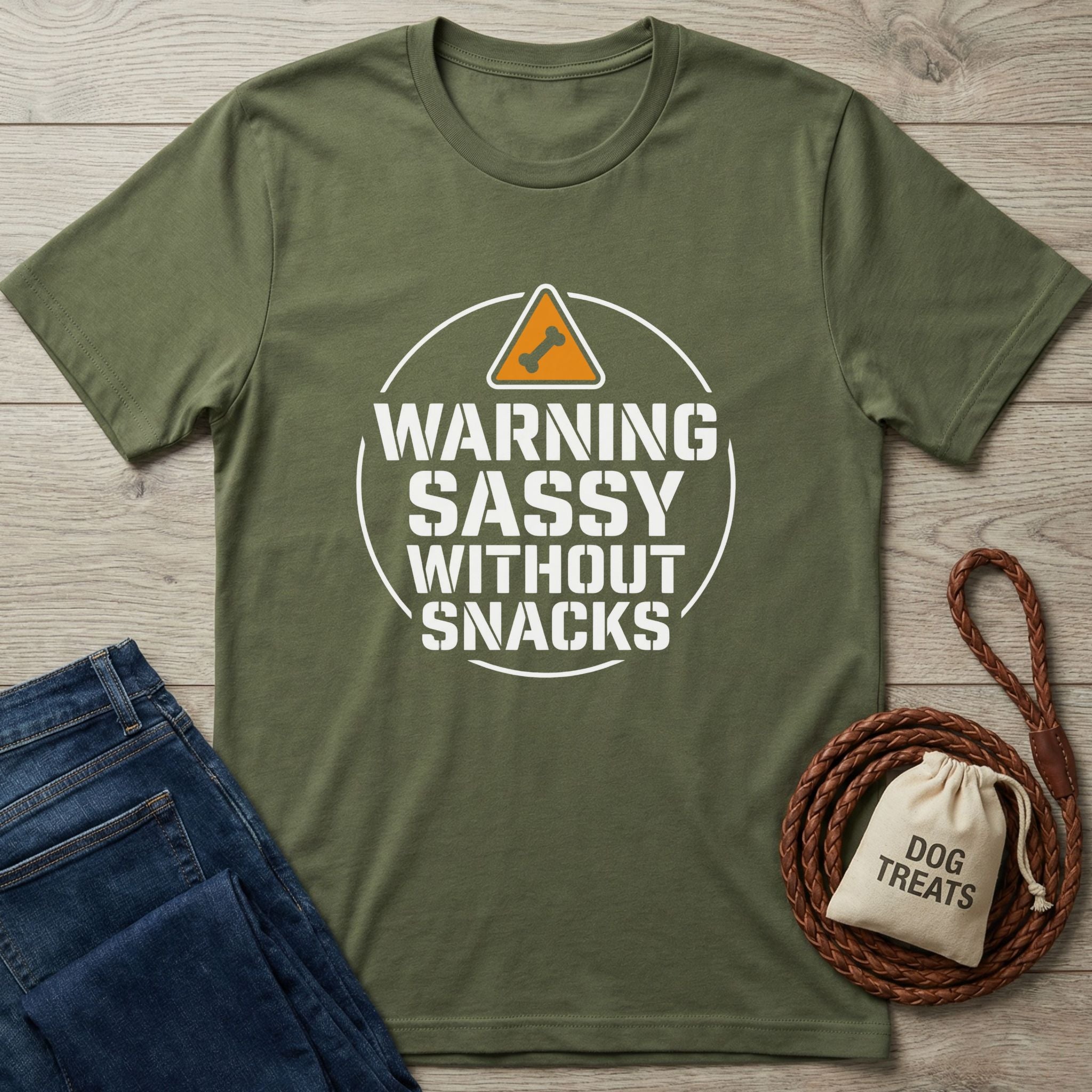 Olive green Gildan Softstyle t-shirt with "Warning Sassy Without Snacks" text, dog bone icon, jeans, and dog treats bag.