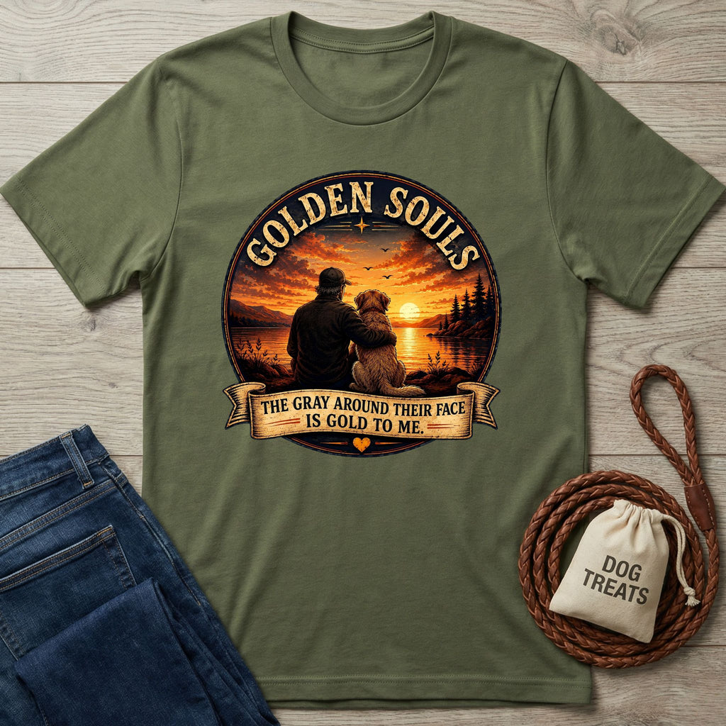 Olive green Golden Souls T-shirt with a graphic of a person hugging a senior dog at sunset.