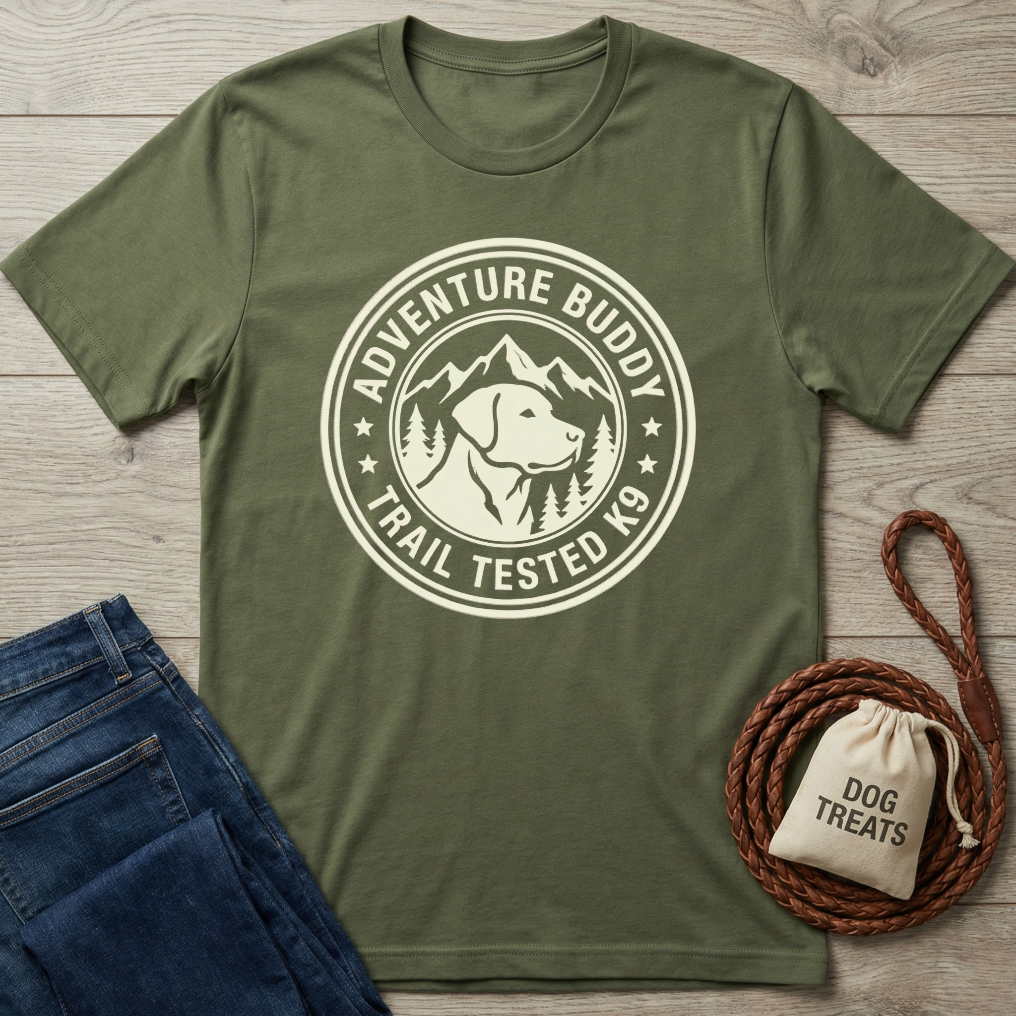 Olive green "Adventure Buddy Trail Tested K9" t-shirt with a dog and mountain graphic, next to jeans and a treat bag.