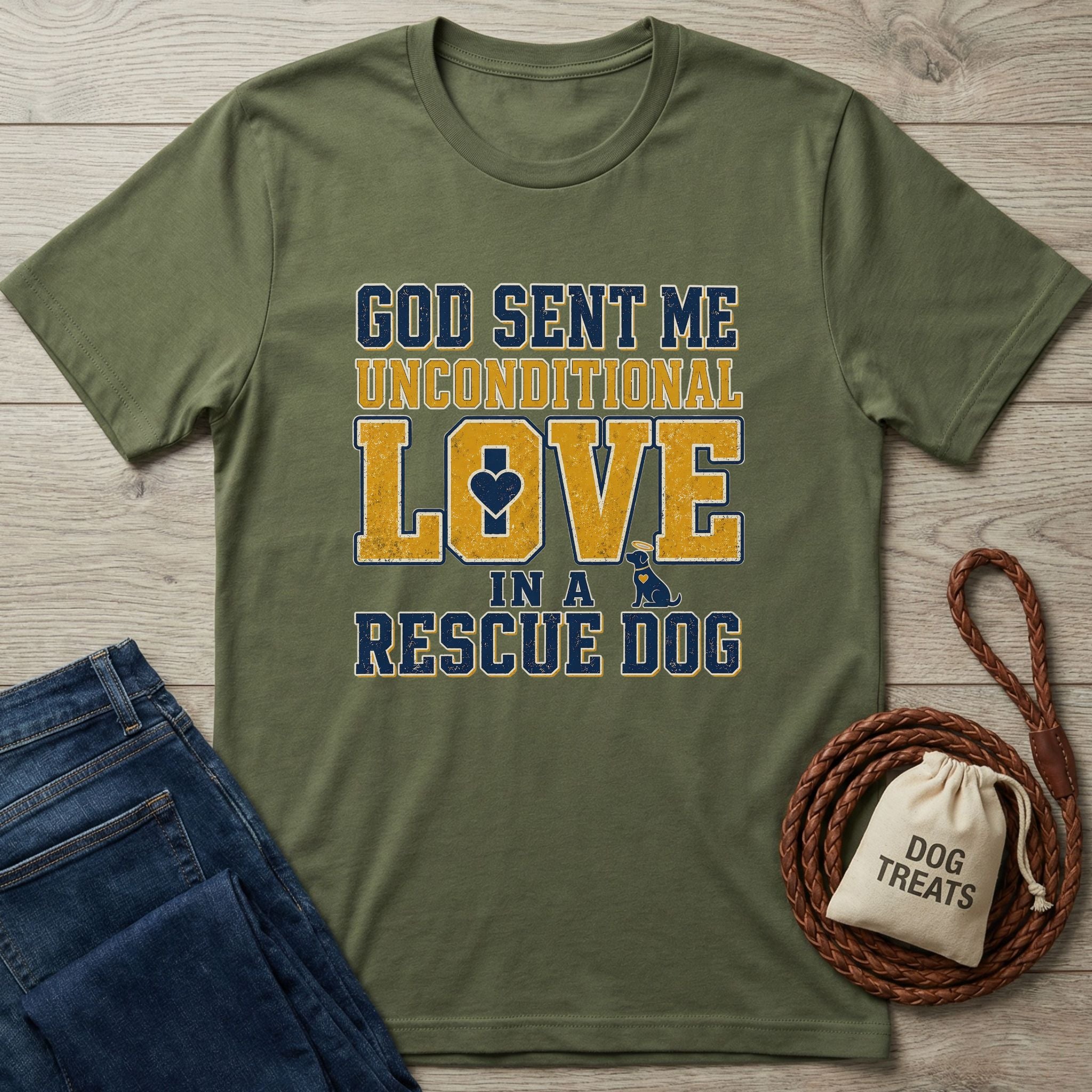 Olive green Gildan Softstyle® t-shirt with "God Sent Me Unconditional Love In A Rescue Dog" graphic.