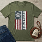 Olive green Gildan Softstyle® t-shirt with a distressed American flag and "MISSION: RESCUE" text.