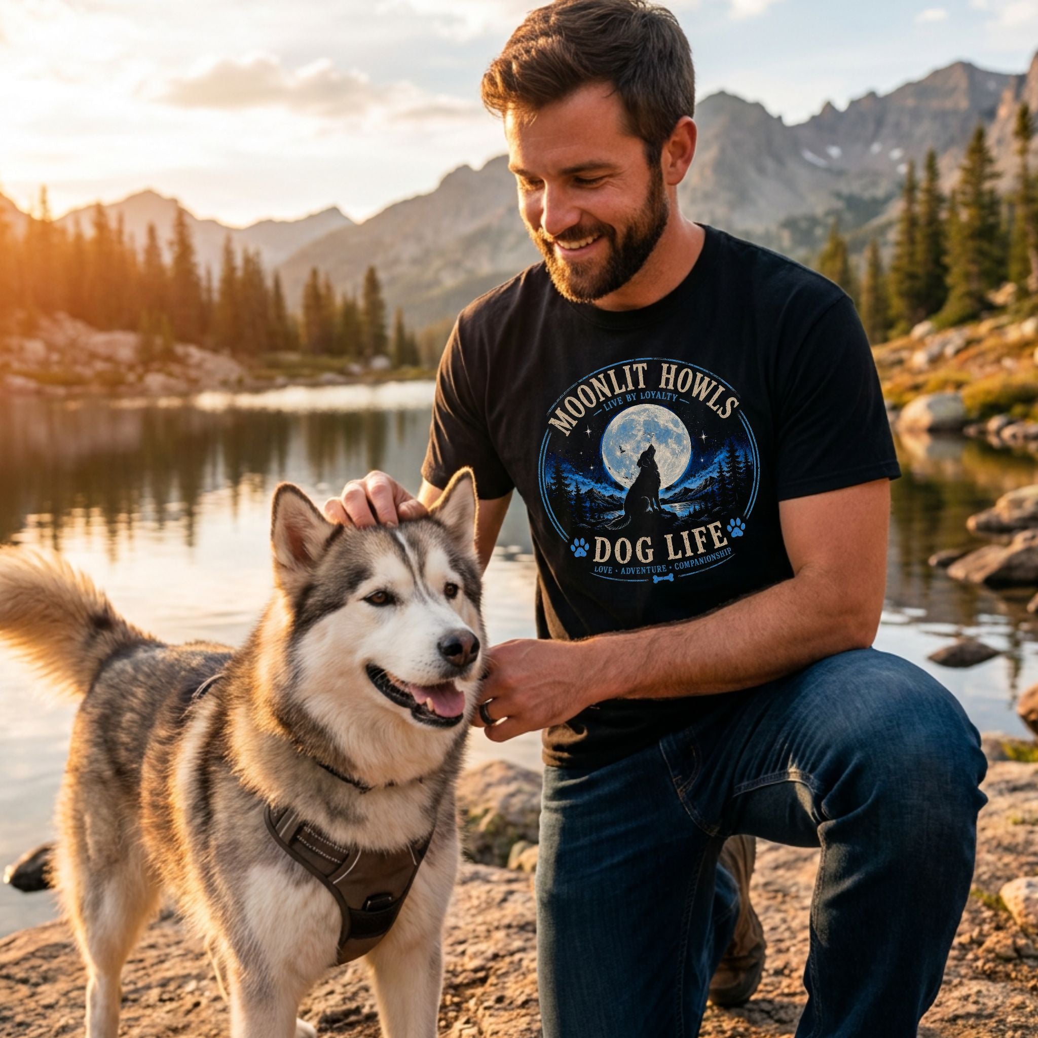 Man wearing a black Gildan t-shirt with a Moonlit Howls dog graphic, petting a husky by a mountain lake at sunset.