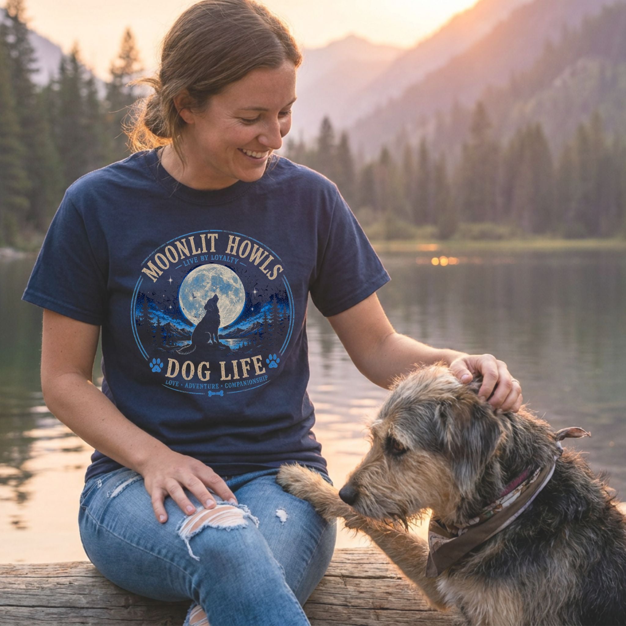 Woman wearing a navy blue Moonlit Howls graphic t-shirt while petting a dog by a lake at sunset.