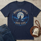 Navy blue Gildan 64000 t-shirt featuring a howling dog, full moon, and forest graphic with Moonlit Howls text.