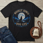 Black Gildan t-shirt featuring a howling dog, full moon, and forest graphic with Moonlit Howls Dog Life text.