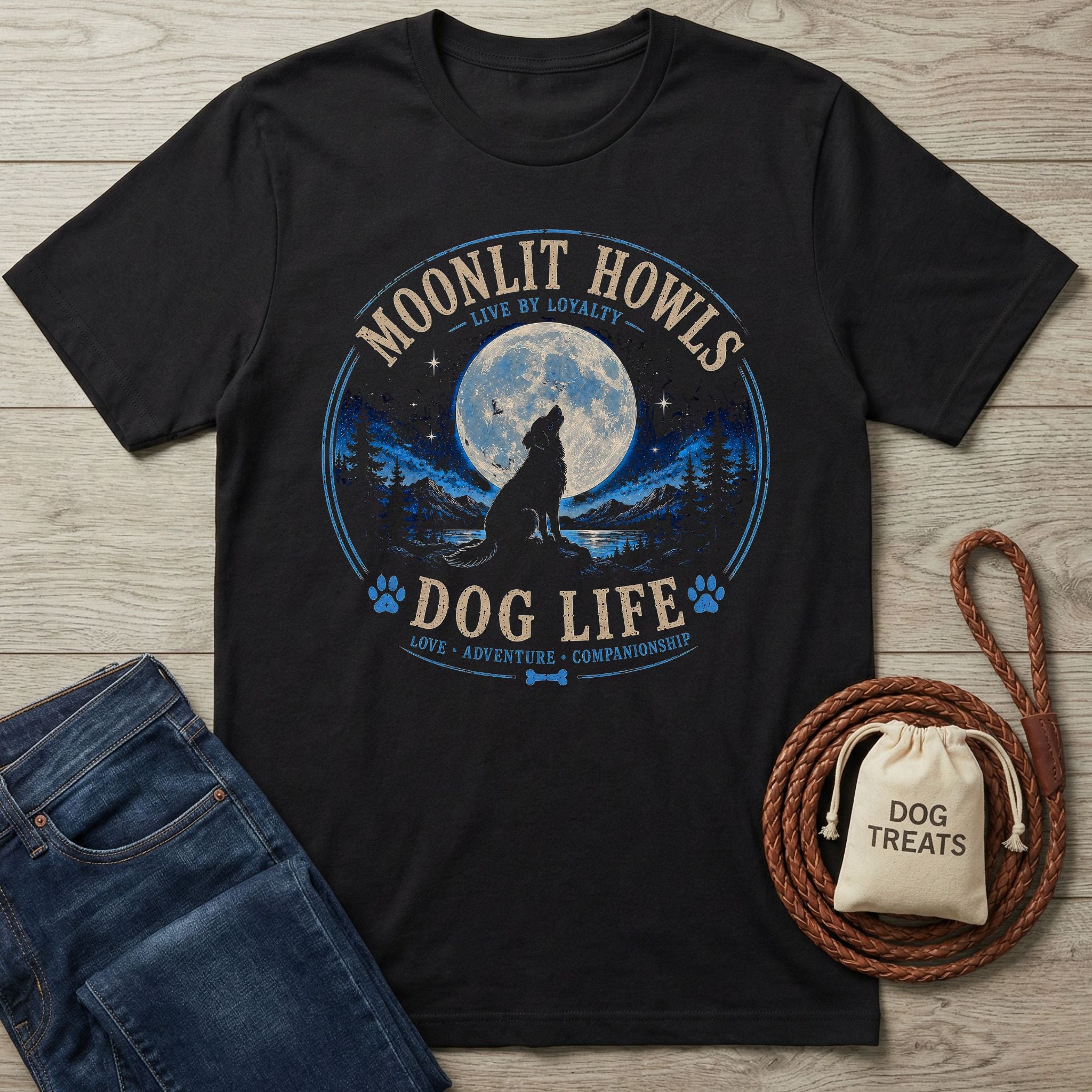 Black Gildan t-shirt featuring a howling dog, full moon, and forest graphic with Moonlit Howls Dog Life text.