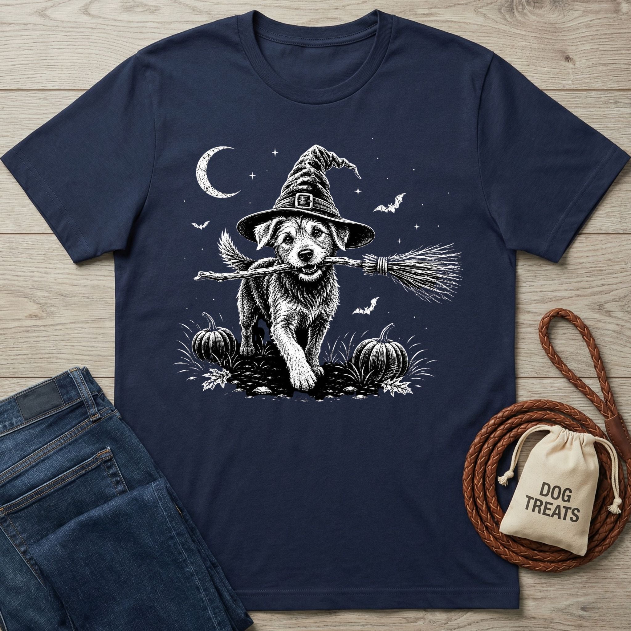 Navy blue crewneck t-shirt featuring a white graphic of a dog in a witch hat holding a broomstick in a pumpkin patch.