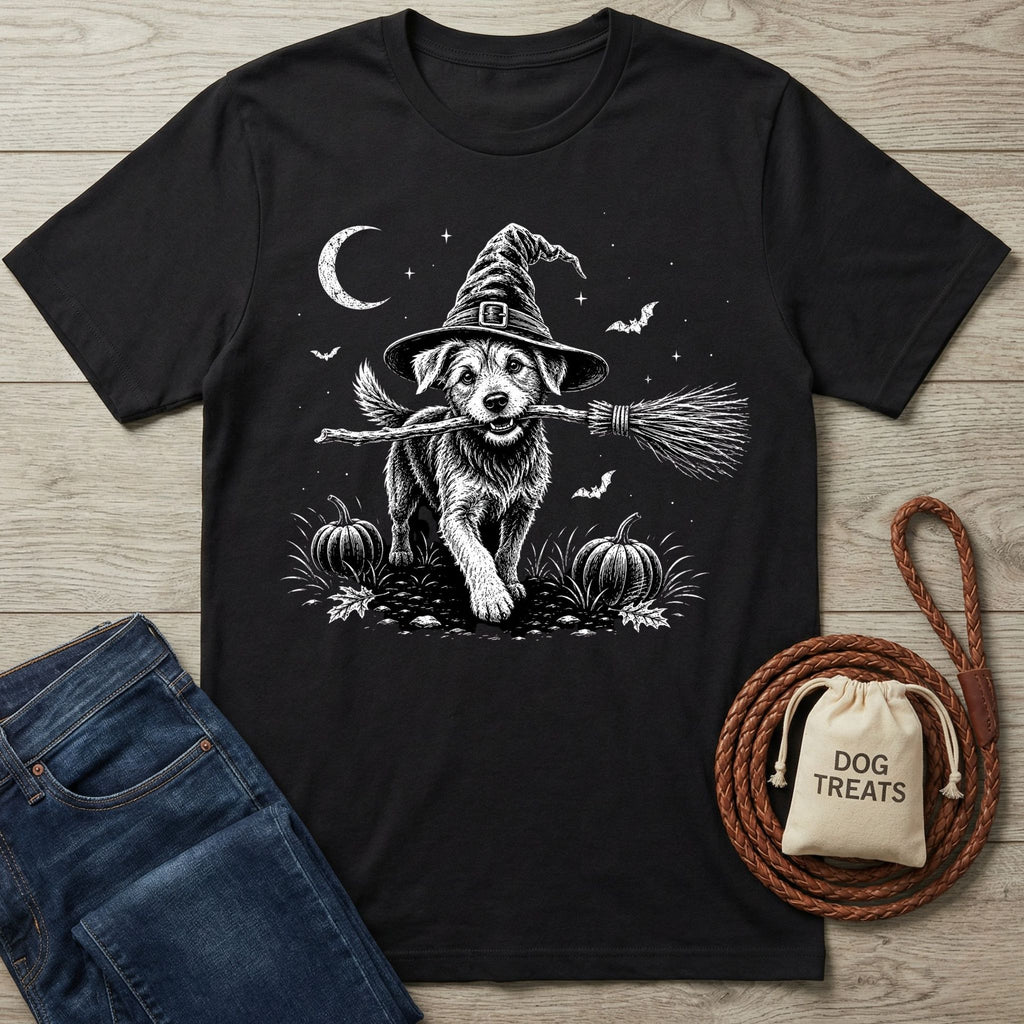 Black cotton t-shirt featuring a white graphic of a dog in a witch hat holding a broomstick in a pumpkin patch.