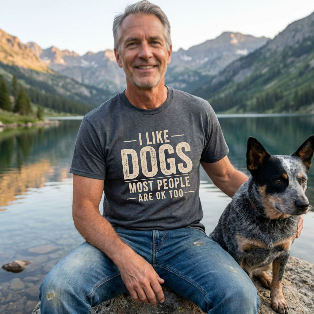 Man in a charcoal grey "I Like Dogs Most People Are OK Too" tee with a blue heeler by a mountain lake.
