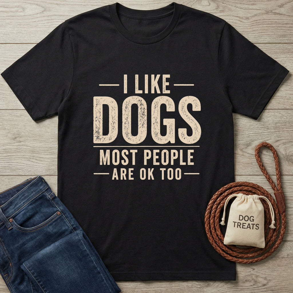 Black Gildan Softstyle t-shirt with "I Like Dogs Most People Are Ok Too" text, next to jeans and dog accessories.