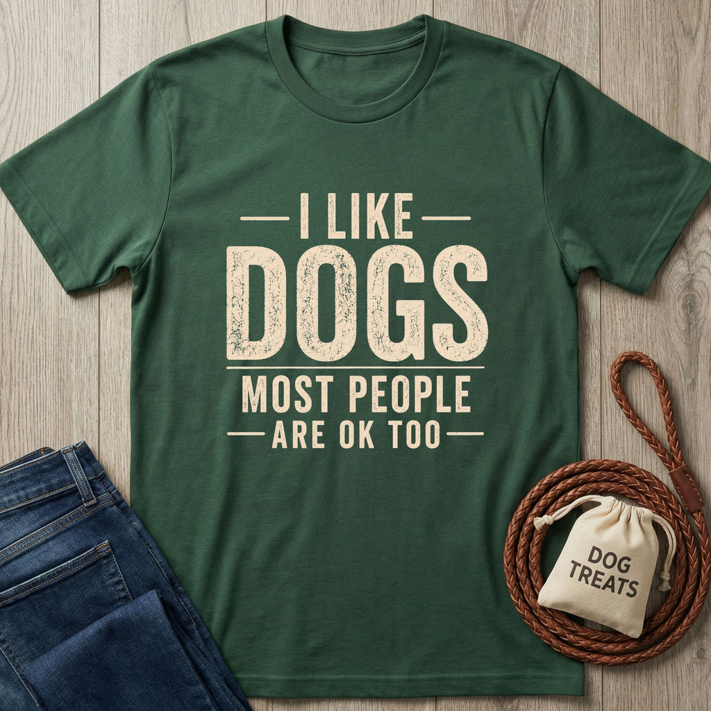 Green t-shirt with 'I Like Dogs, Most People Are OK Too' text on a wooden surface with jeans and a dog treat bag.