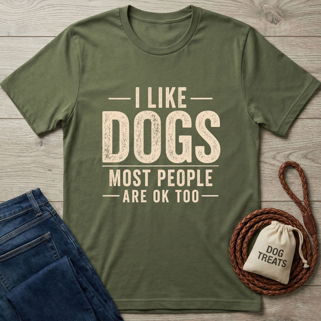 Green t-shirt with 'I Like Dogs, Most People Are OK Too' text on a wooden surface with jeans and a dog treat bag.