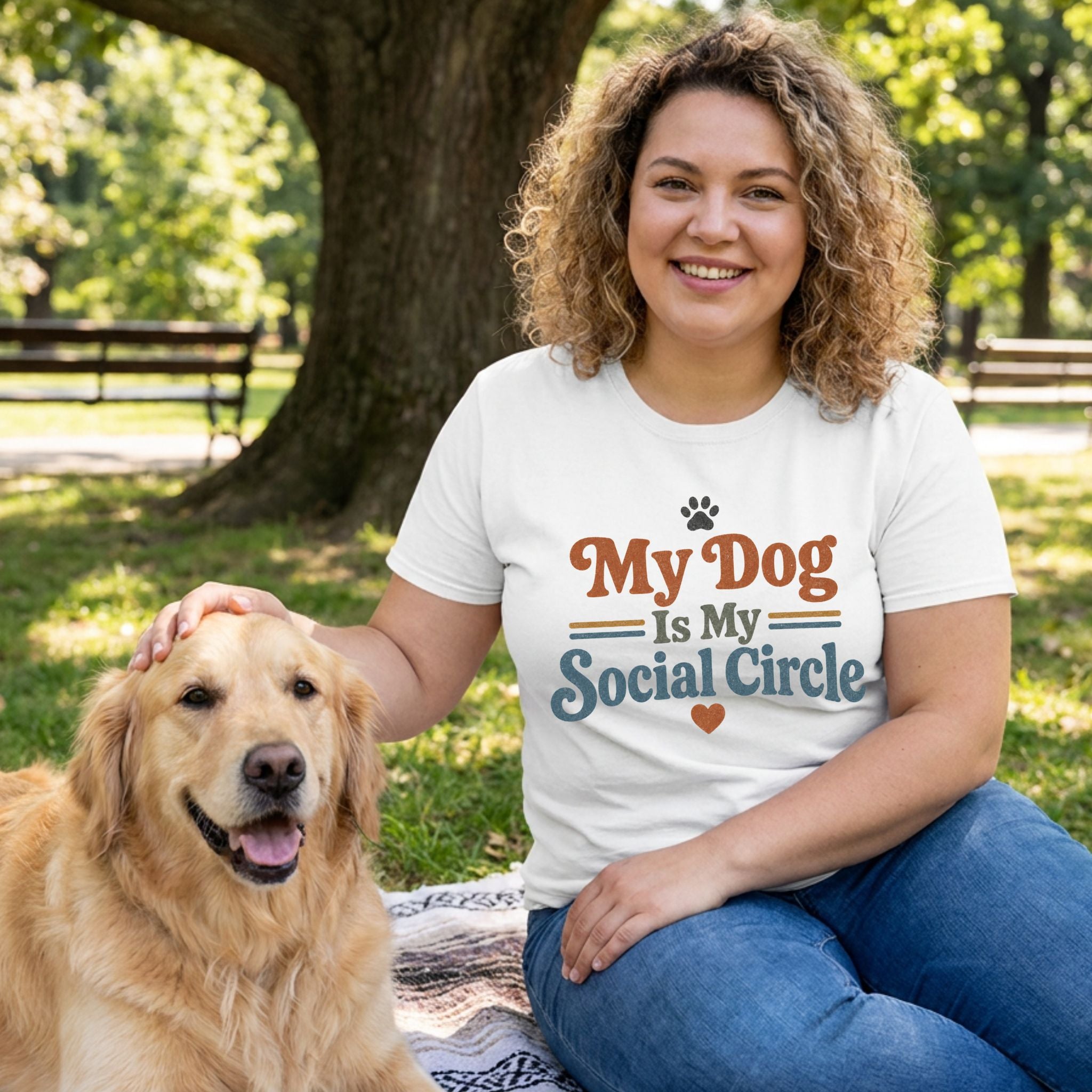 Woman wearing a white crewneck t-shirt with My Dog Is My Social Circle text, sitting in a park with a golden retriever.