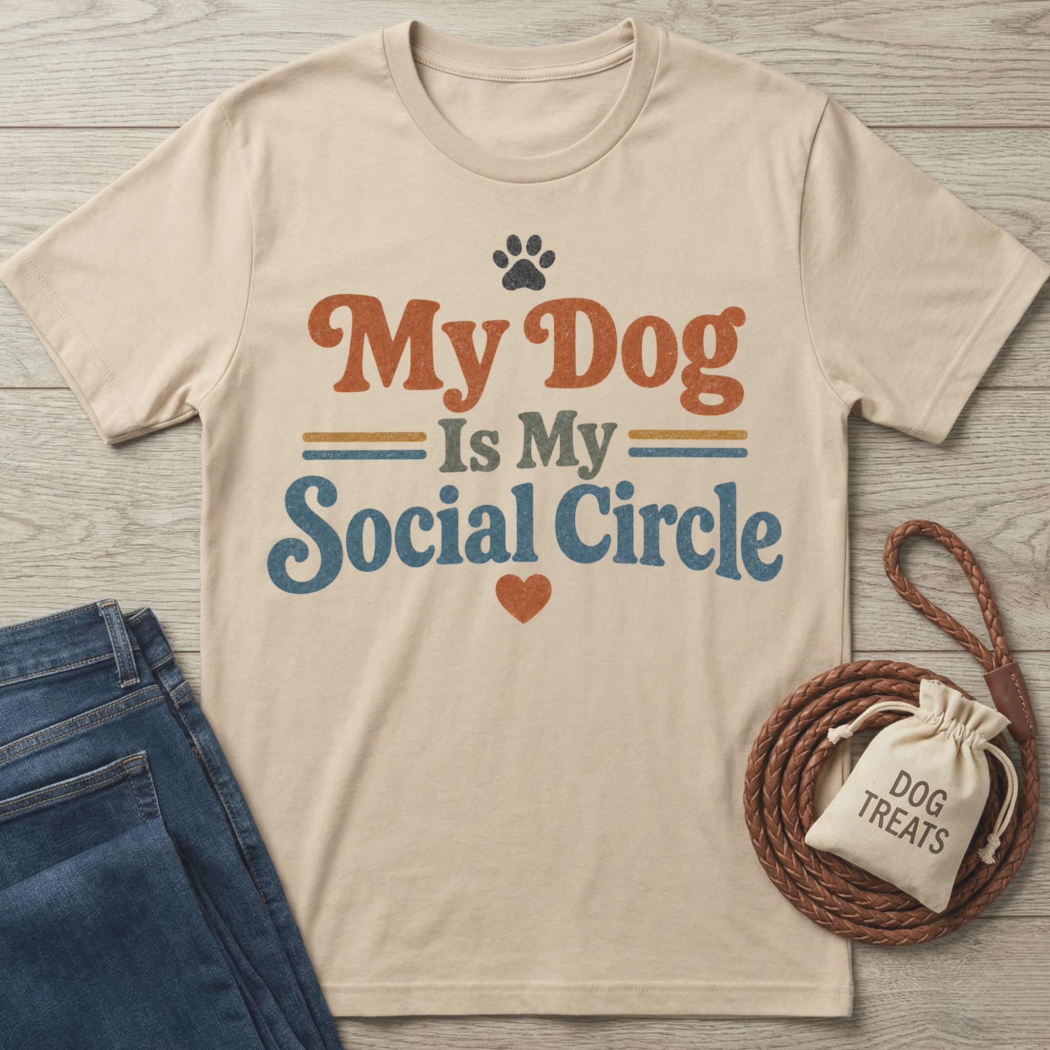 Beige crewneck t-shirt with vintage-style My Dog Is My Social Circle text, paw print, and heart graphic.
