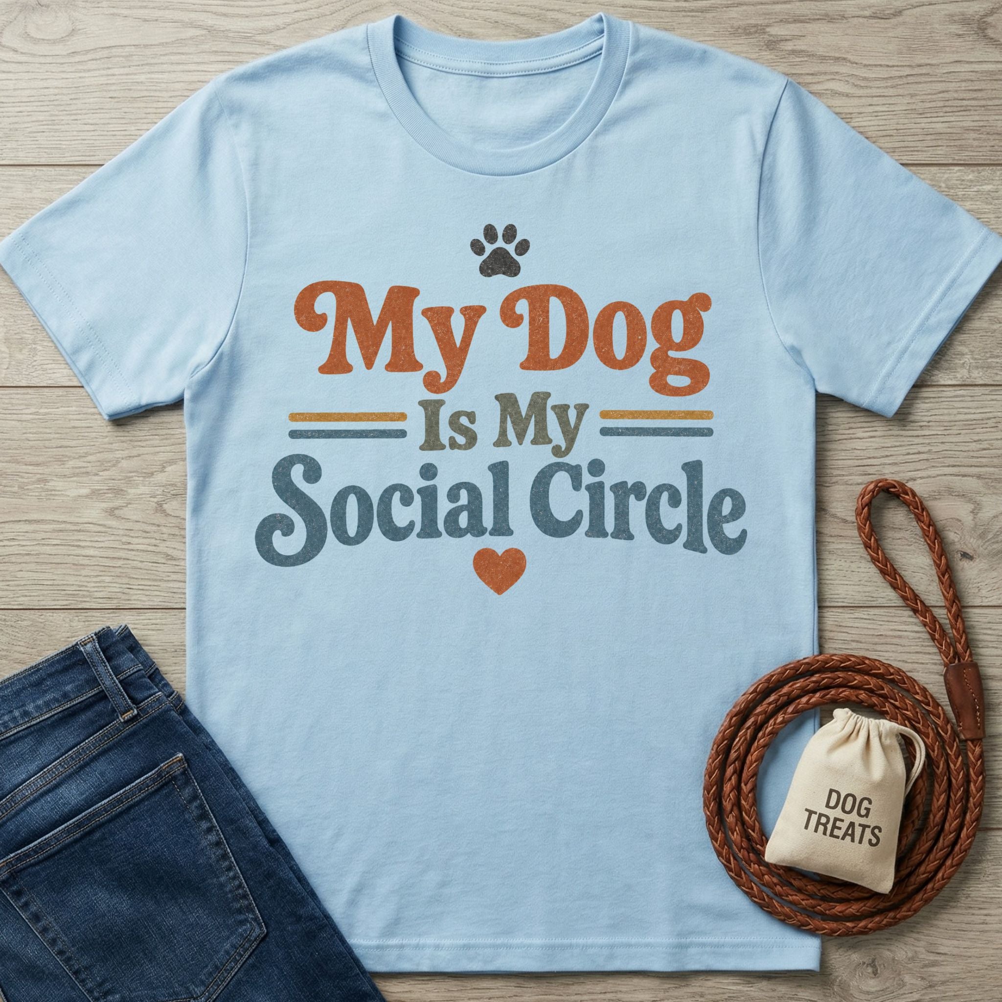 Light blue cotton t-shirt featuring vintage-style text reading My Dog Is My Social Circle with a paw print and heart.