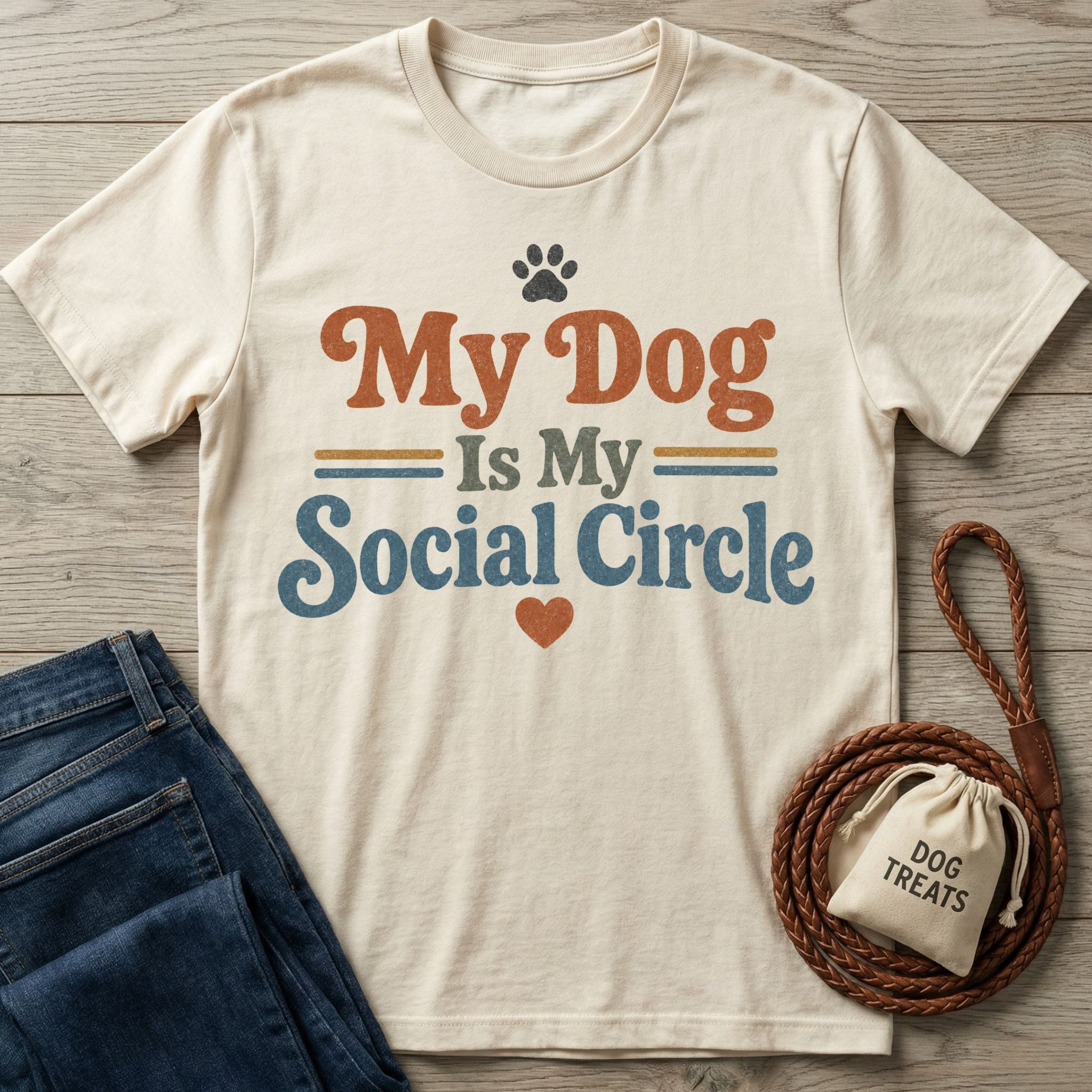 Cream-colored cotton t-shirt featuring retro-style text My Dog Is My Social Circle with a paw print and heart graphic.