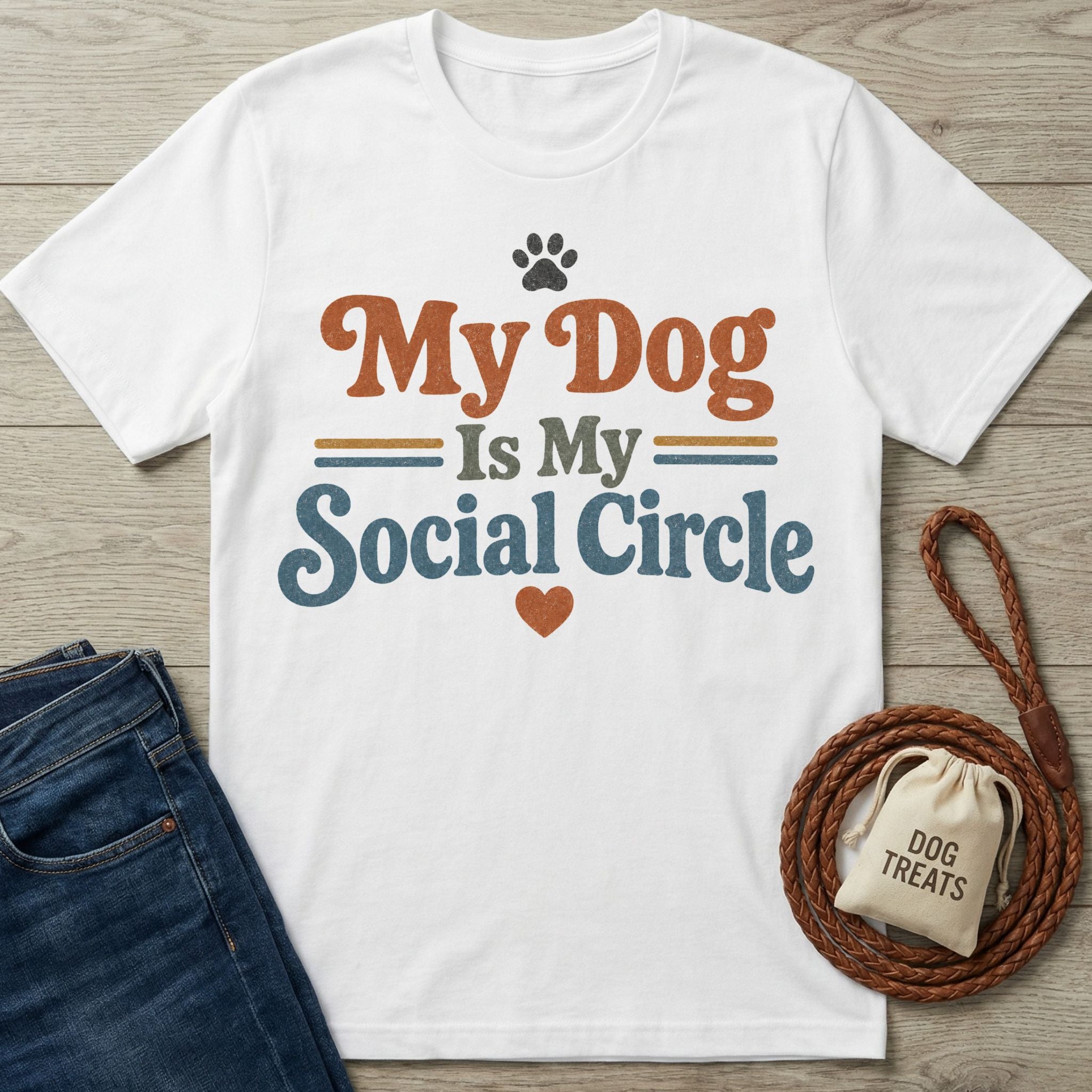 White cotton t-shirt with vintage-style text reading My Dog Is My Social Circle, featuring a paw print and heart graphic.