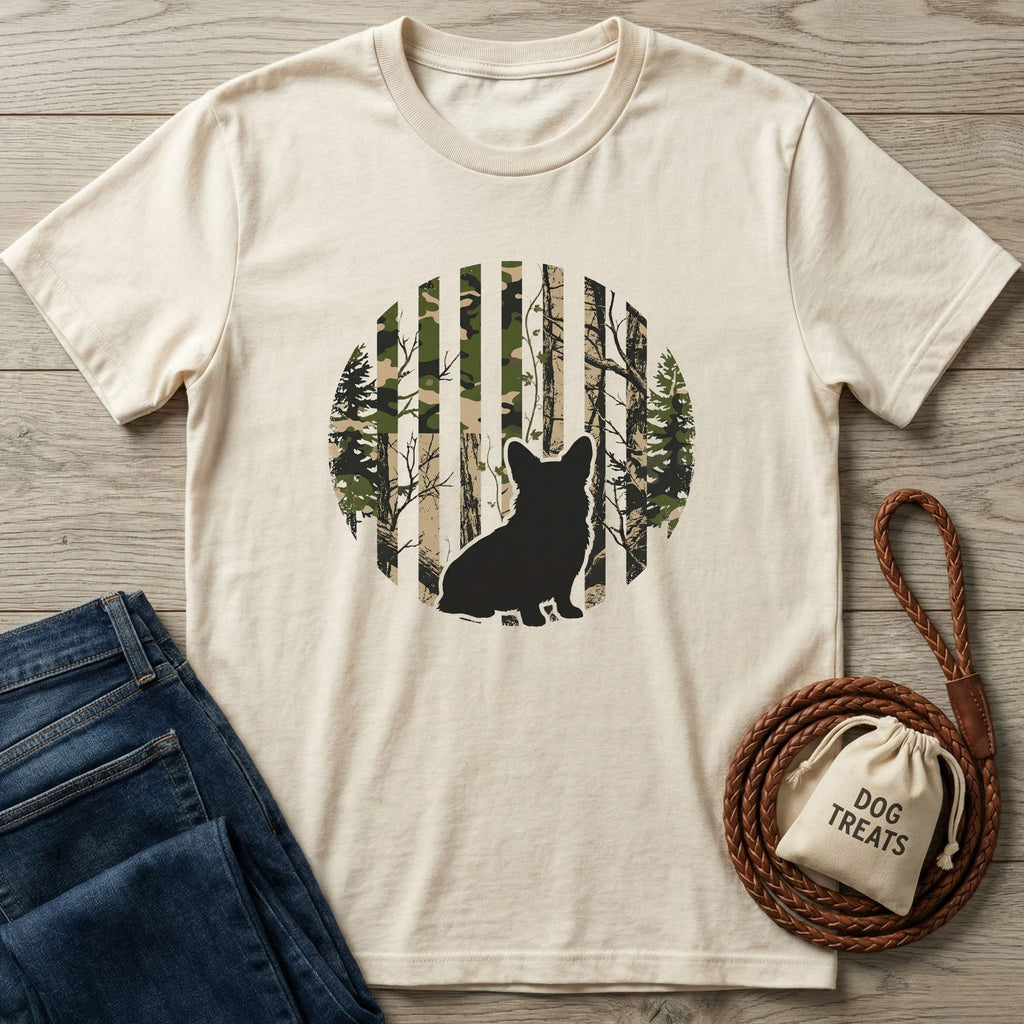 Nature Companion T-shirt: Cream tee with black dog silhouette on a striped camo and forest background.