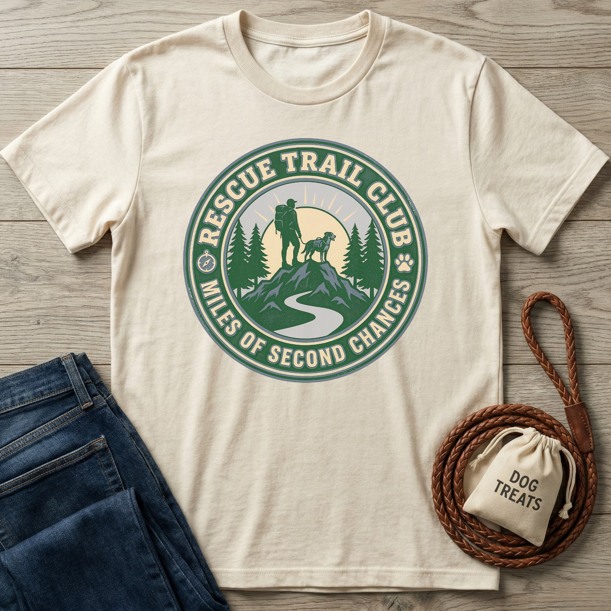 Beige t-shirt with a German Shepherd graphic and 'Wild & Rescued' text on a wooden surface, accompanied by a dog leash and treat bag.
