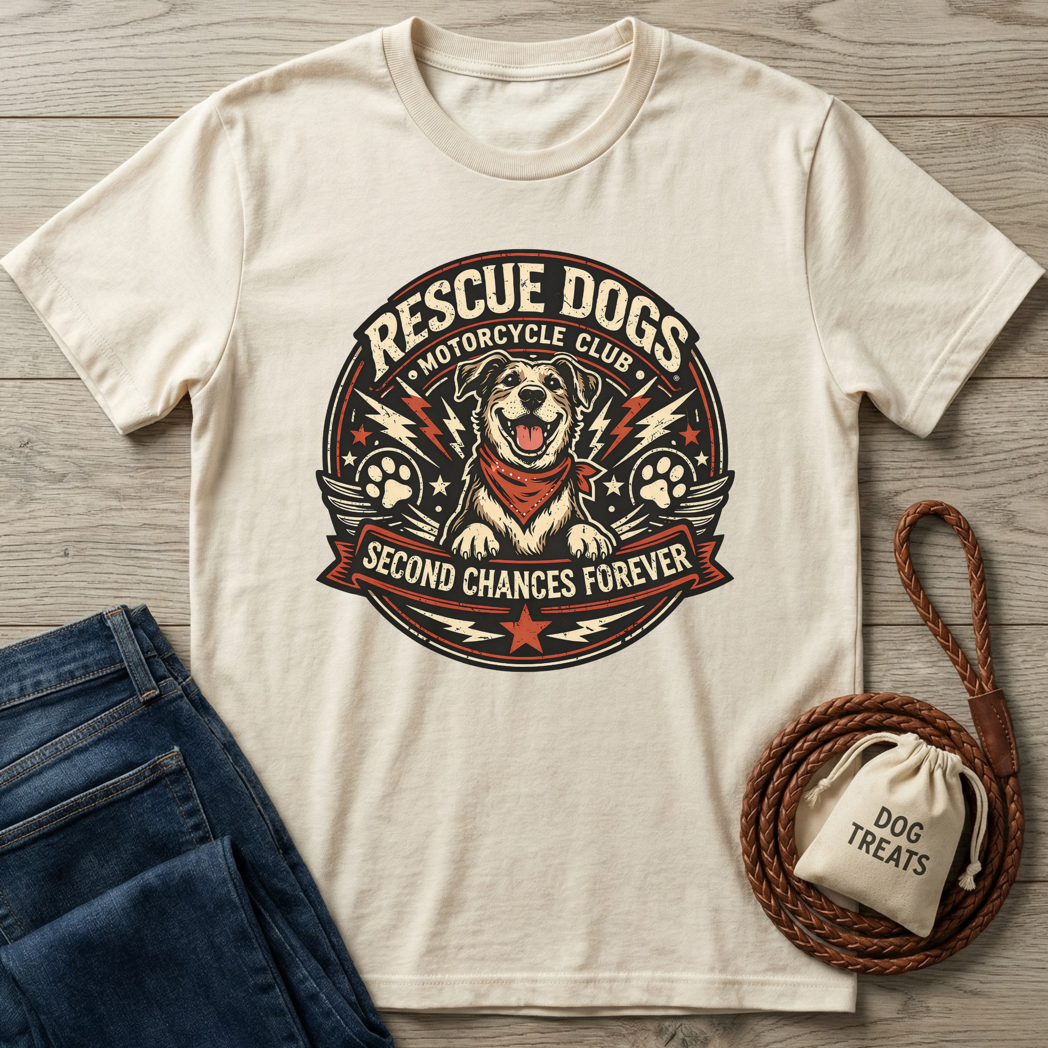 Cream t-shirt with "Rescue Dogs Motorcycle Club" logo featuring a happy dog in a red bandana.