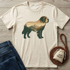 Cream t-shirt with a large St. Bernard silhouette filled with a green forest and brown mountain landscape.