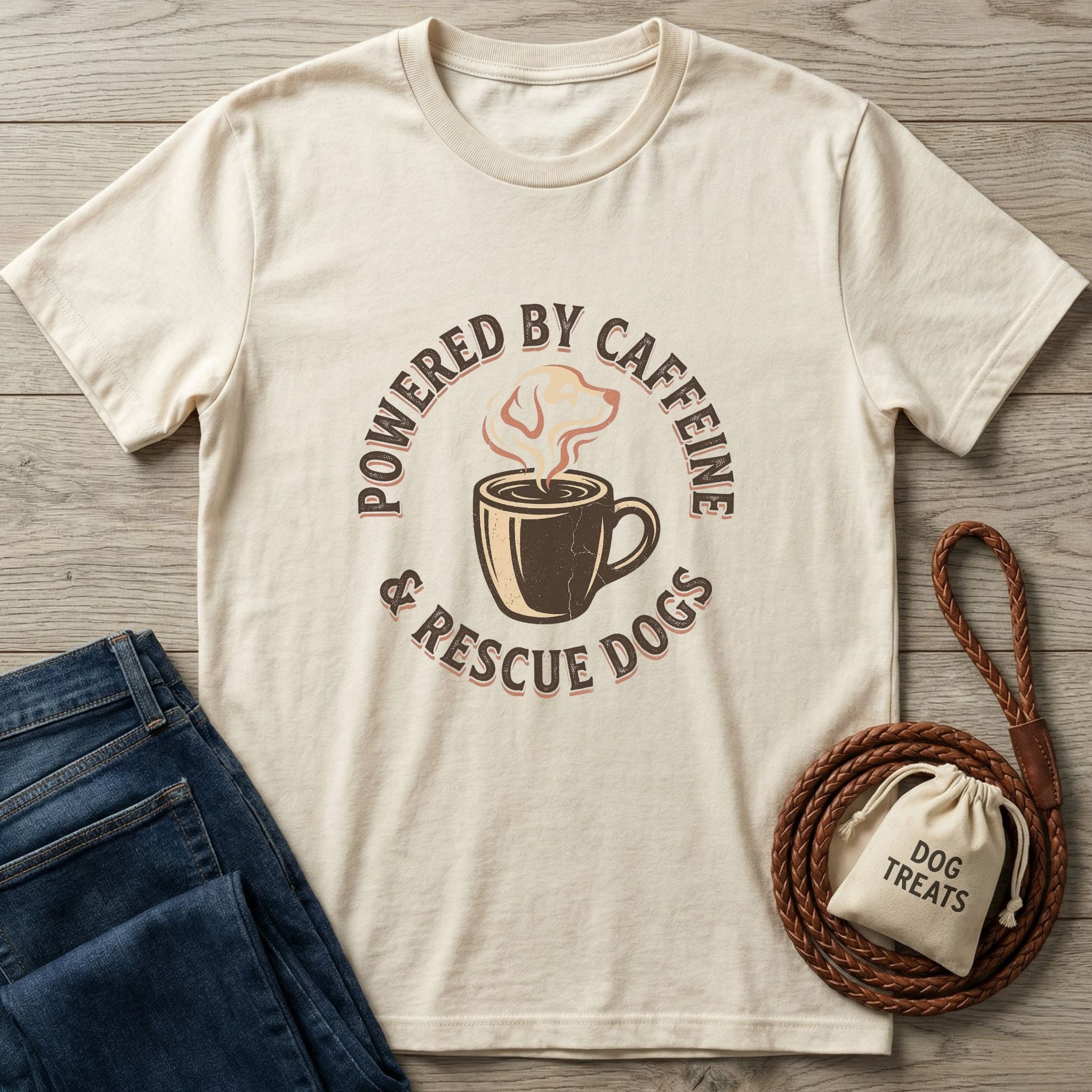 Cream Gildan Softstyle t-shirt with "Powered By Caffeine & Rescue Dogs" graphic, next to jeans and dog treats.