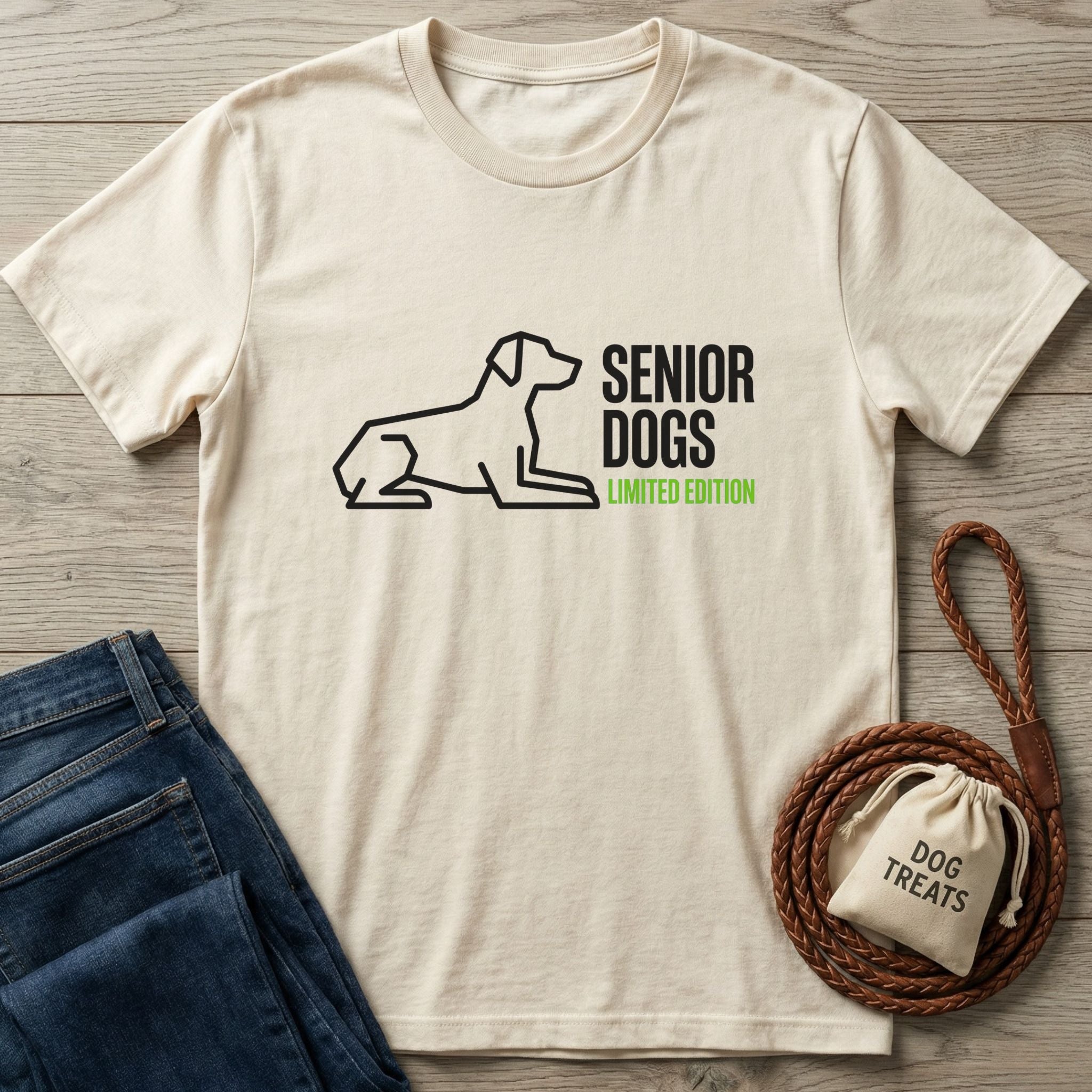 Cream Gildan Softstyle t-shirt with a black outline of a dog and "SENIOR DOGS LIMITED EDITION" text.